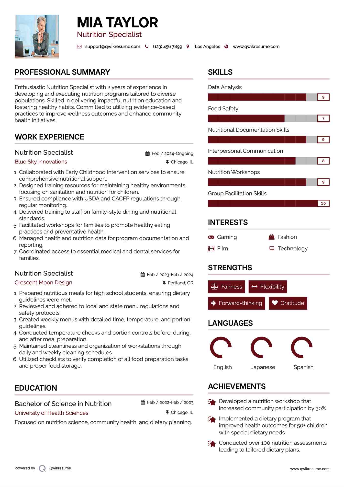 Nutrition Specialist Resume Sample