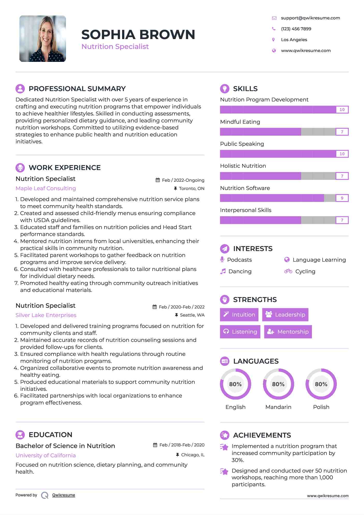 Nutrition Specialist Resume Template