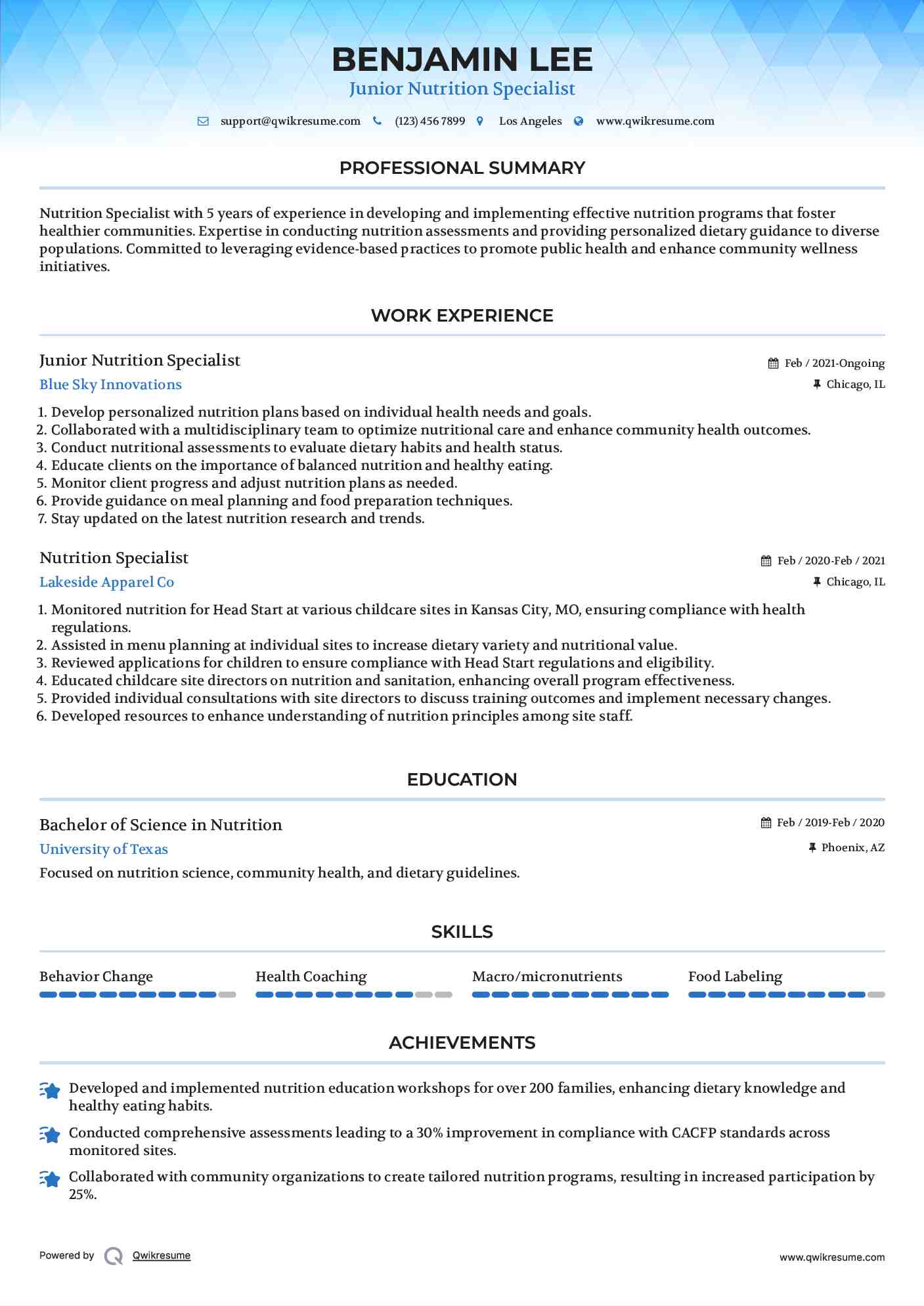Junior Nutrition Specialist Resume Sample