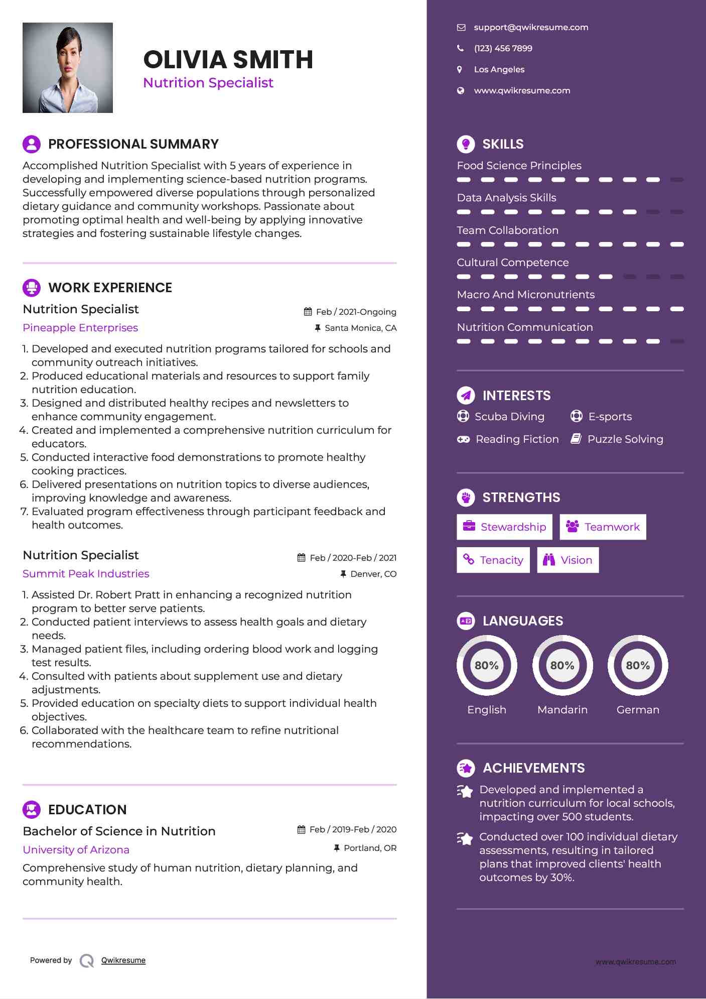 Nutrition Specialist Resume Example