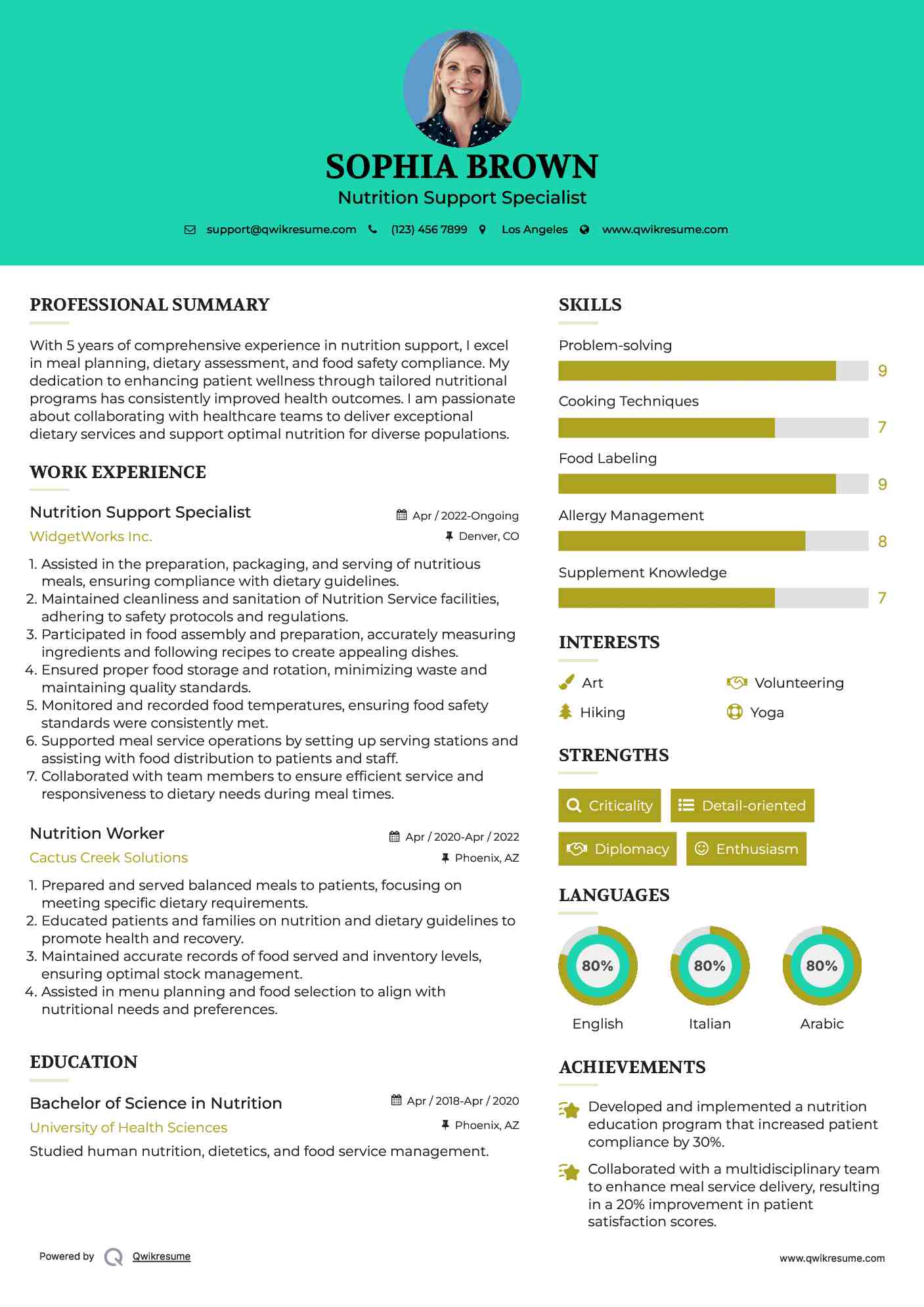 Nutrition Support Specialist Resume Template