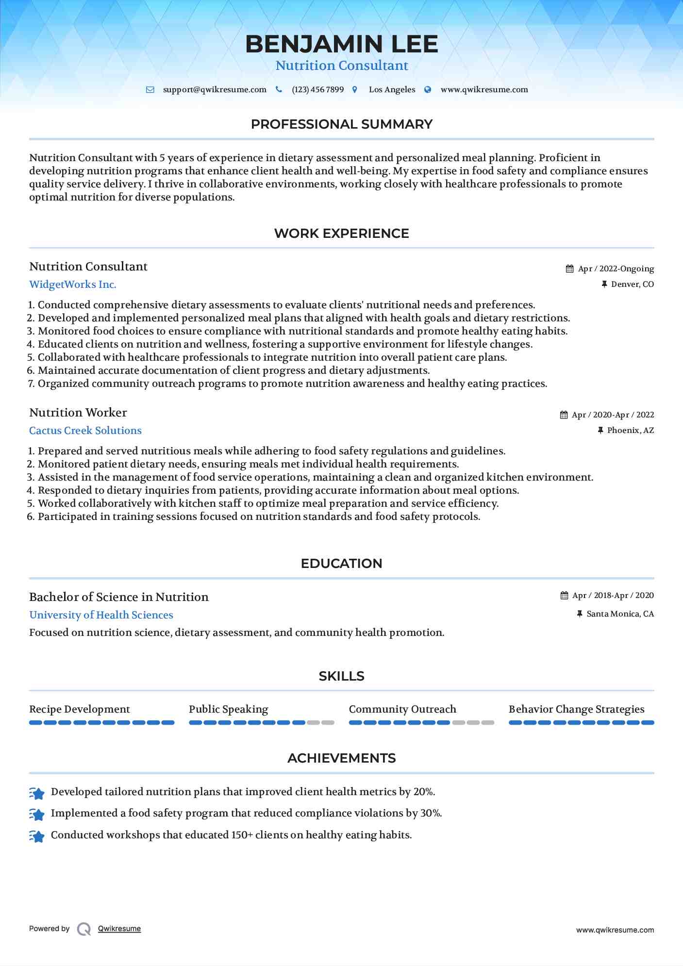 Nutrition Consultant Resume Example