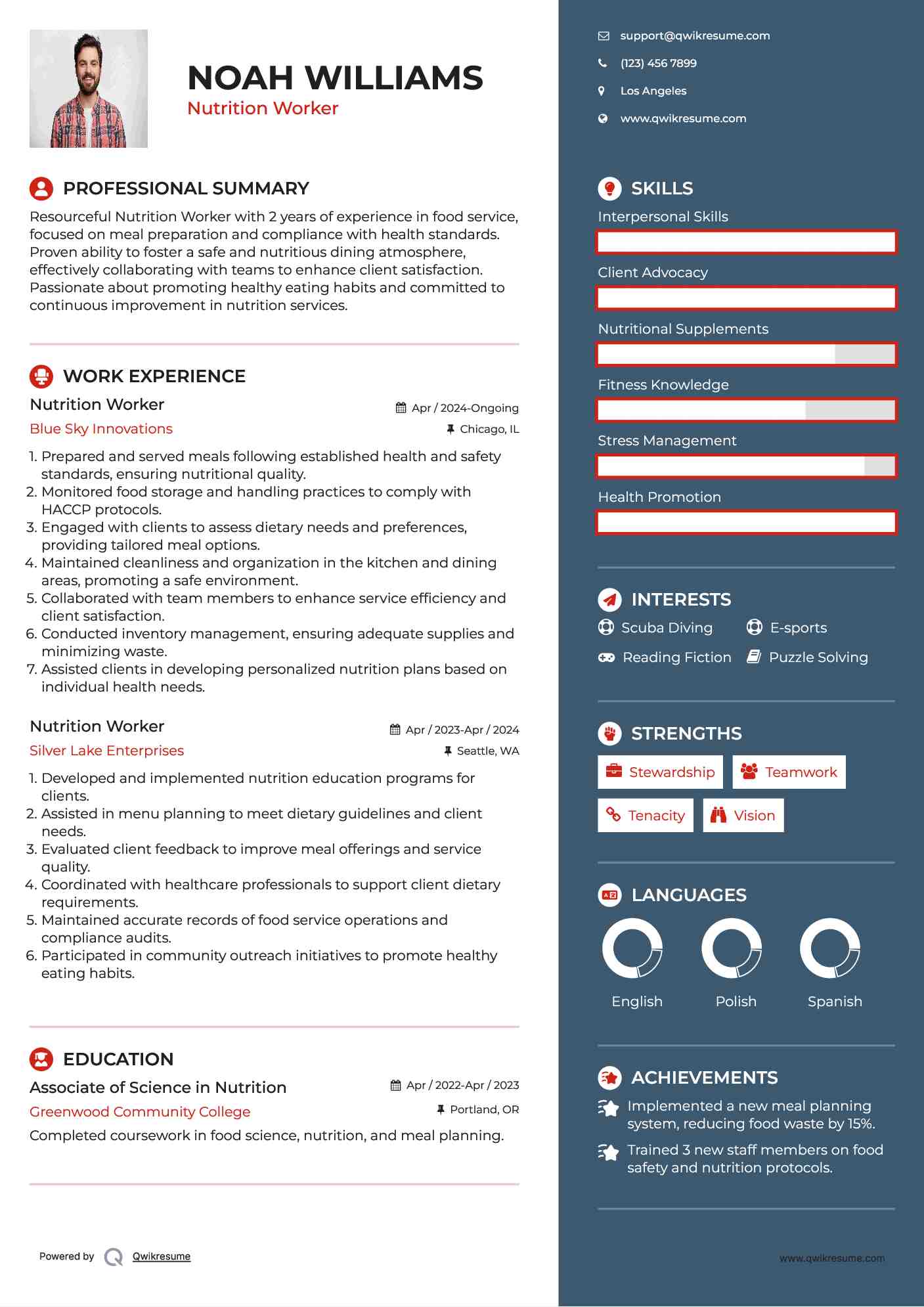Nutrition Worker Resume Example