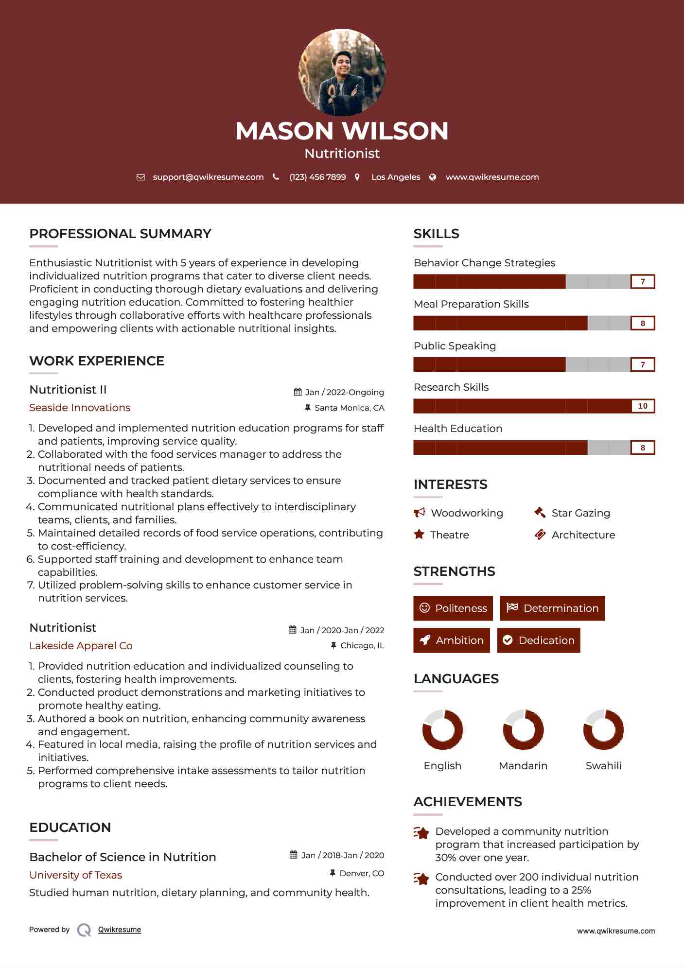 Nutritionist II Resume Template