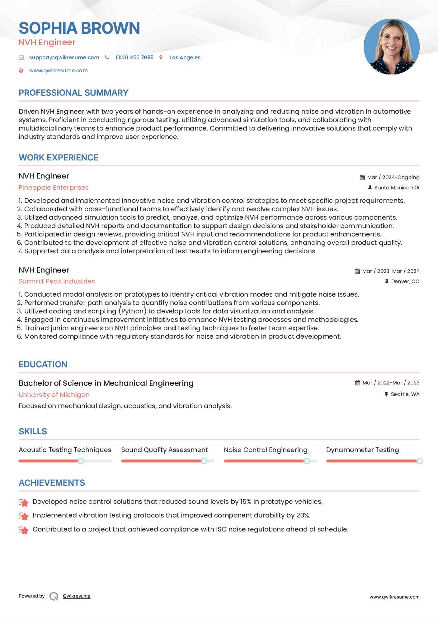 NVH Engineer Resume Model