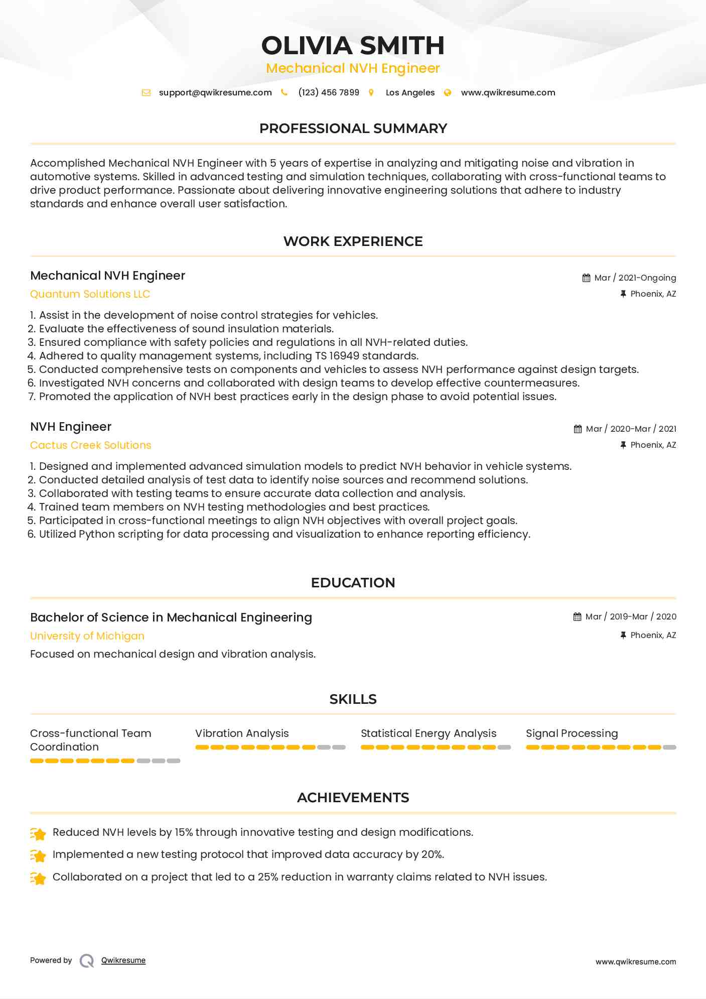 Mechanical NVH Engineer Resume Model