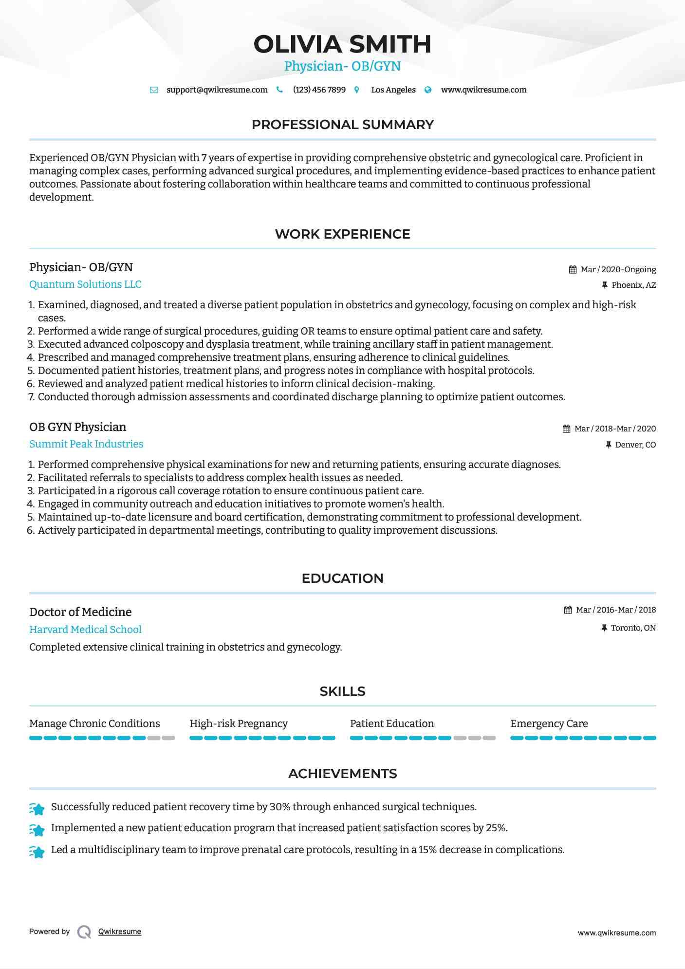 Physician- OB/GYN
 Resume Sample