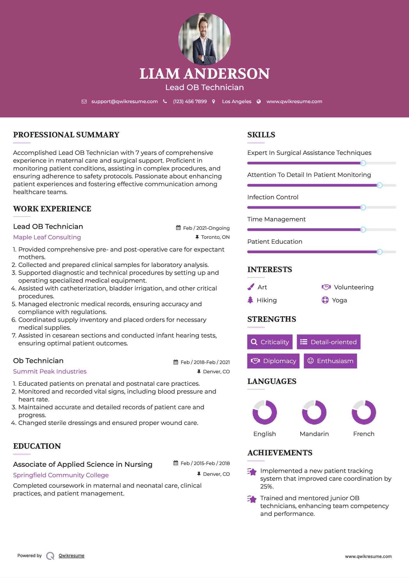 Lead OB Technician Resume Example