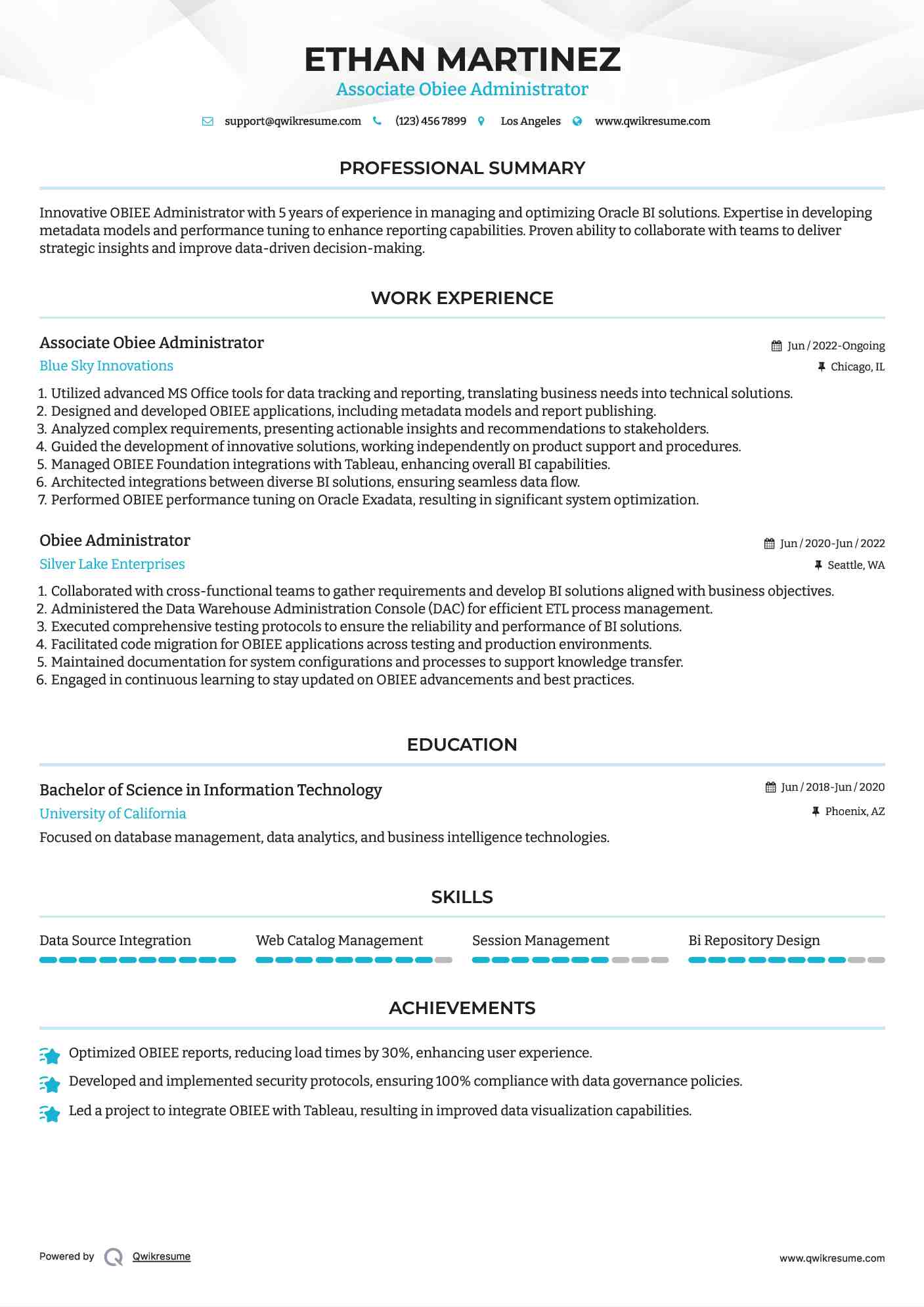 Associate Obiee Administrator Resume Model