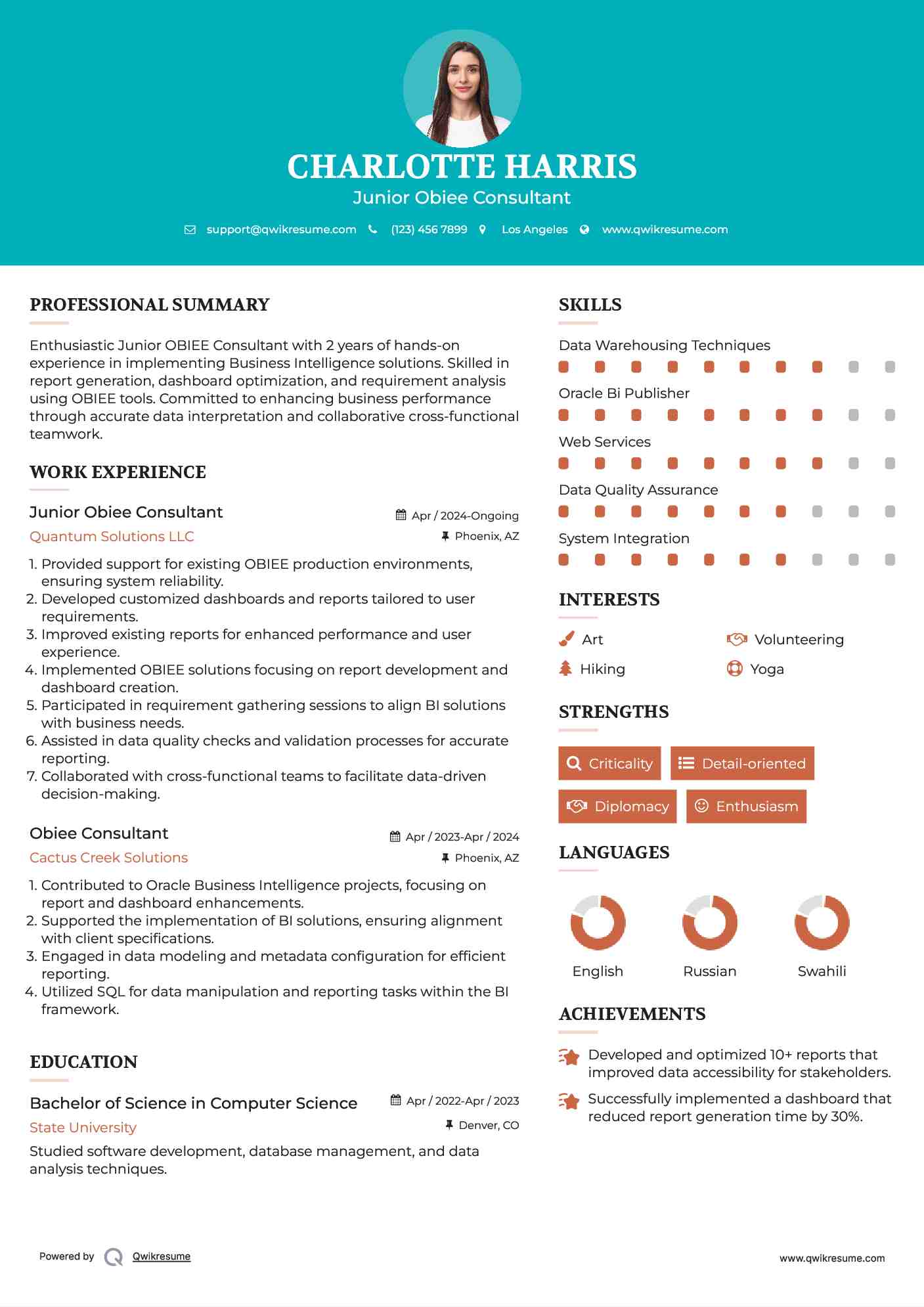 Junior Obiee Consultant Resume Model