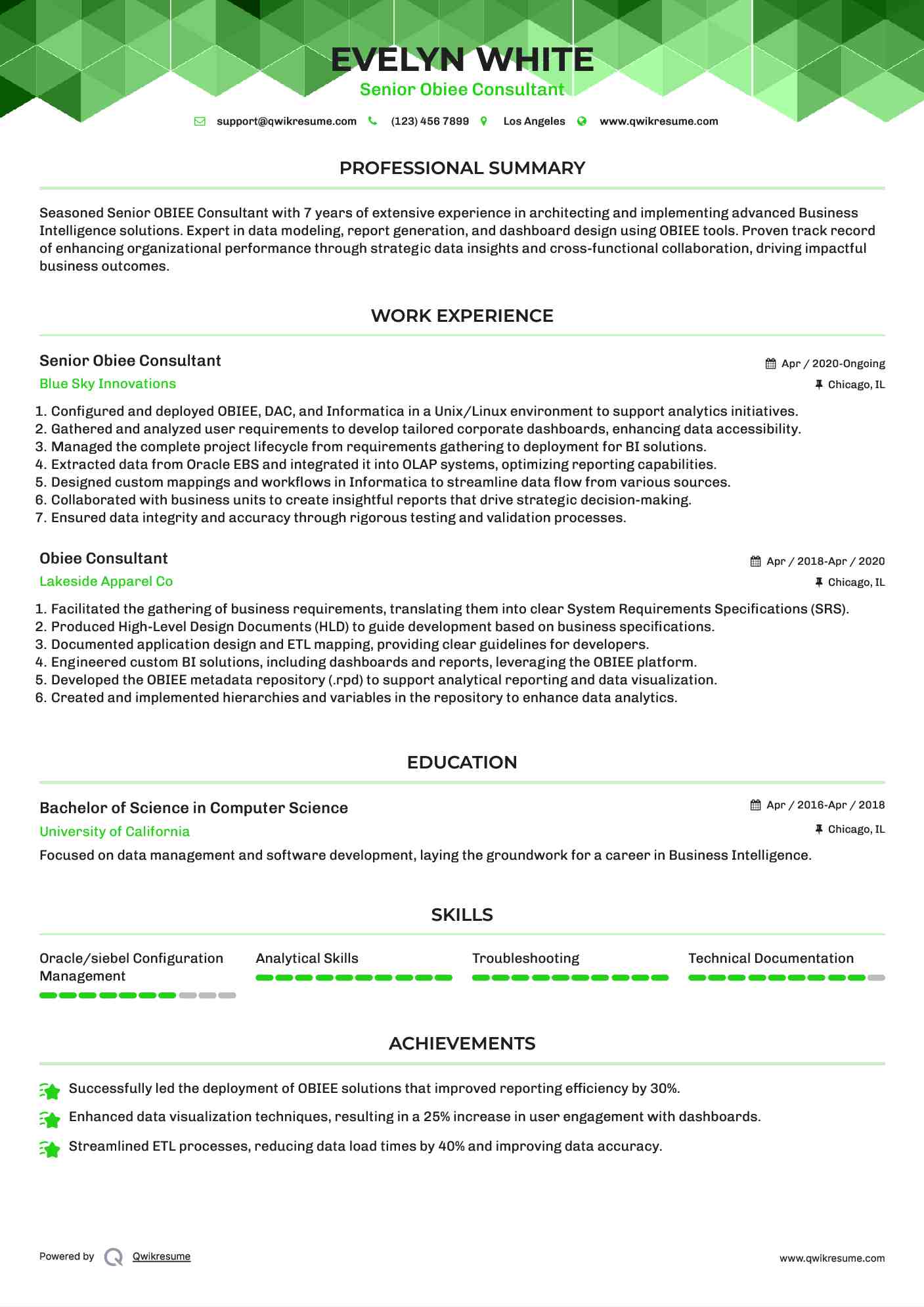 Senior Obiee Consultant Resume Sample