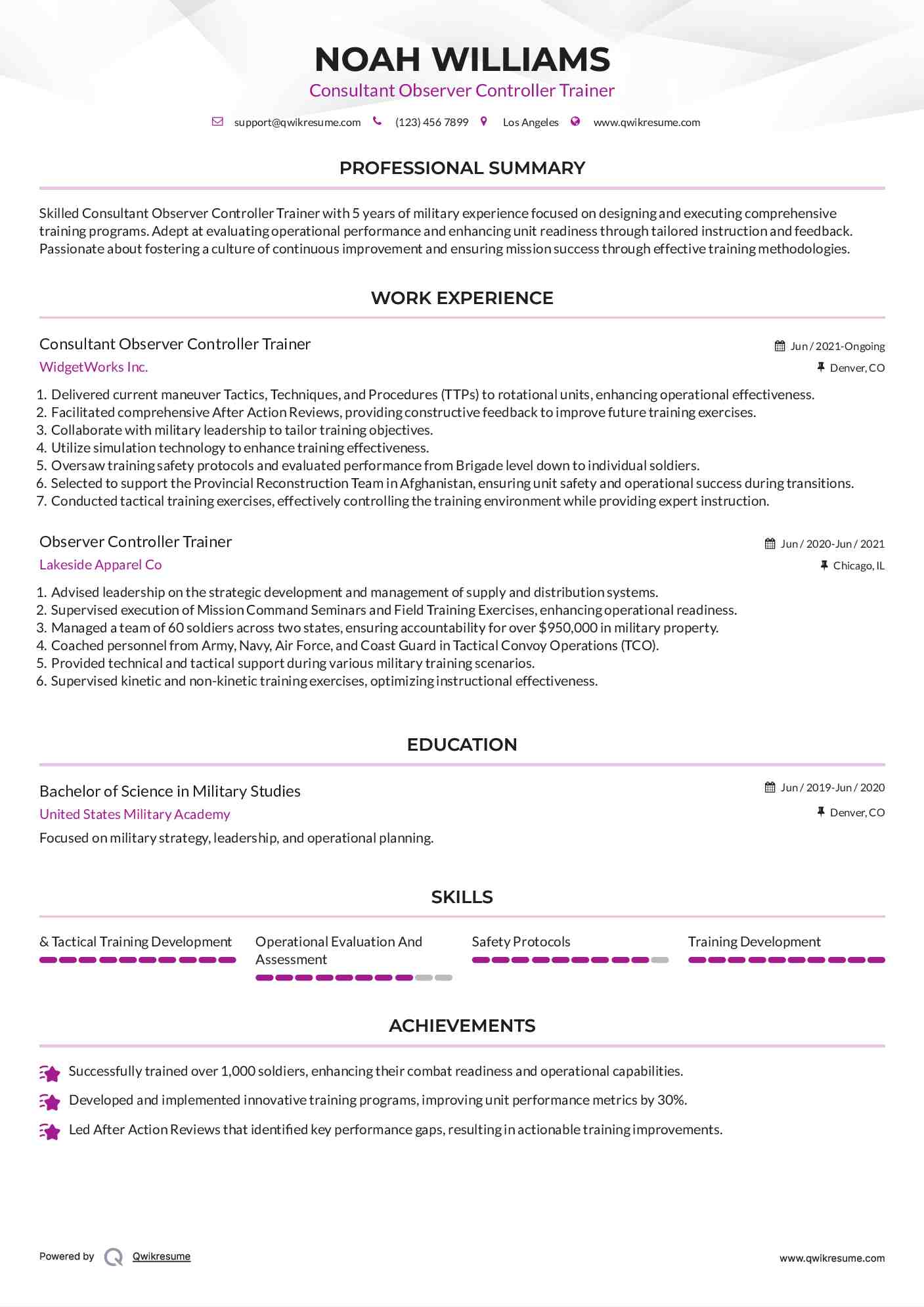 Consultant Observer Controller Trainer Resume Sample