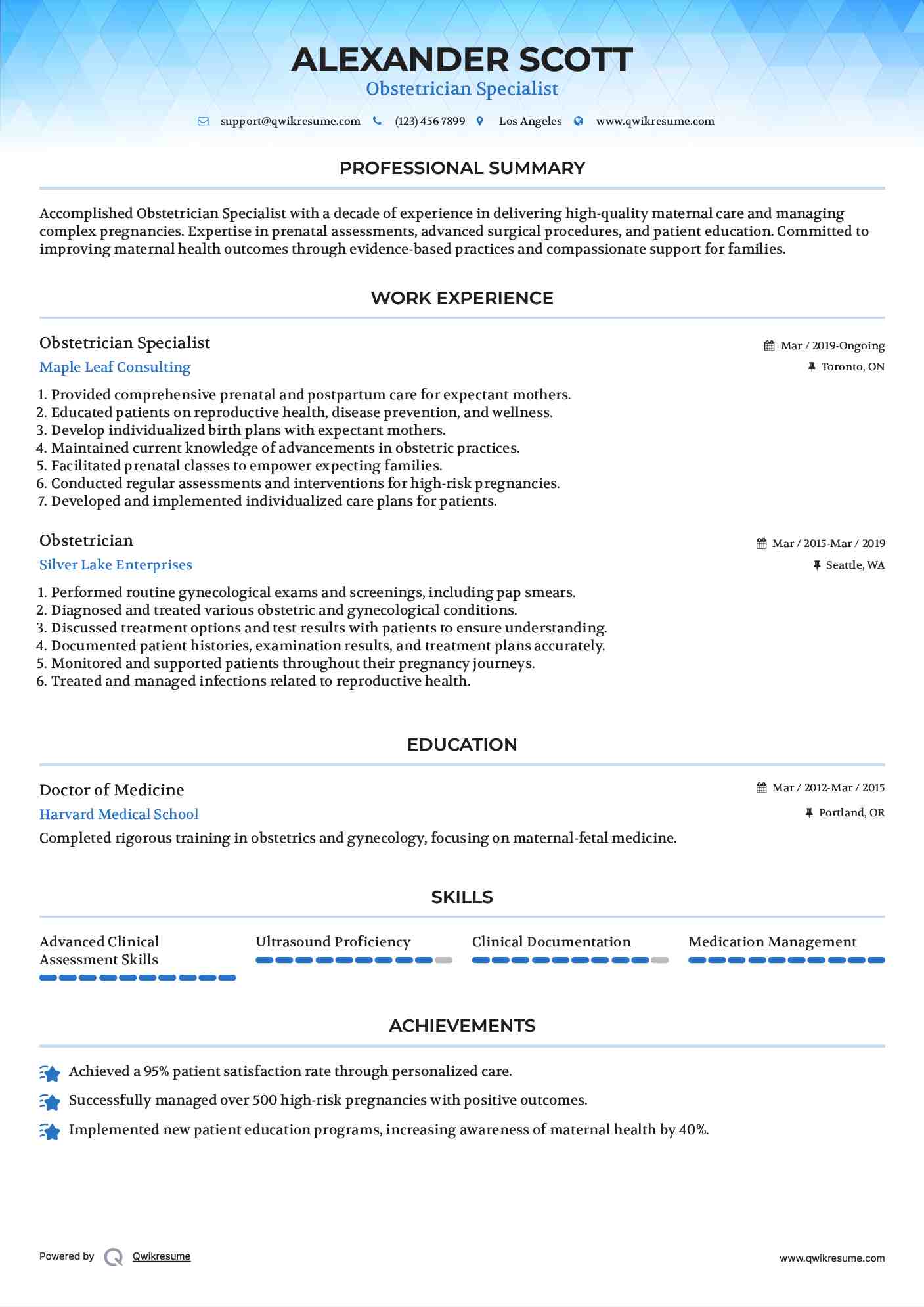 Obstetrician Specialist Resume Sample