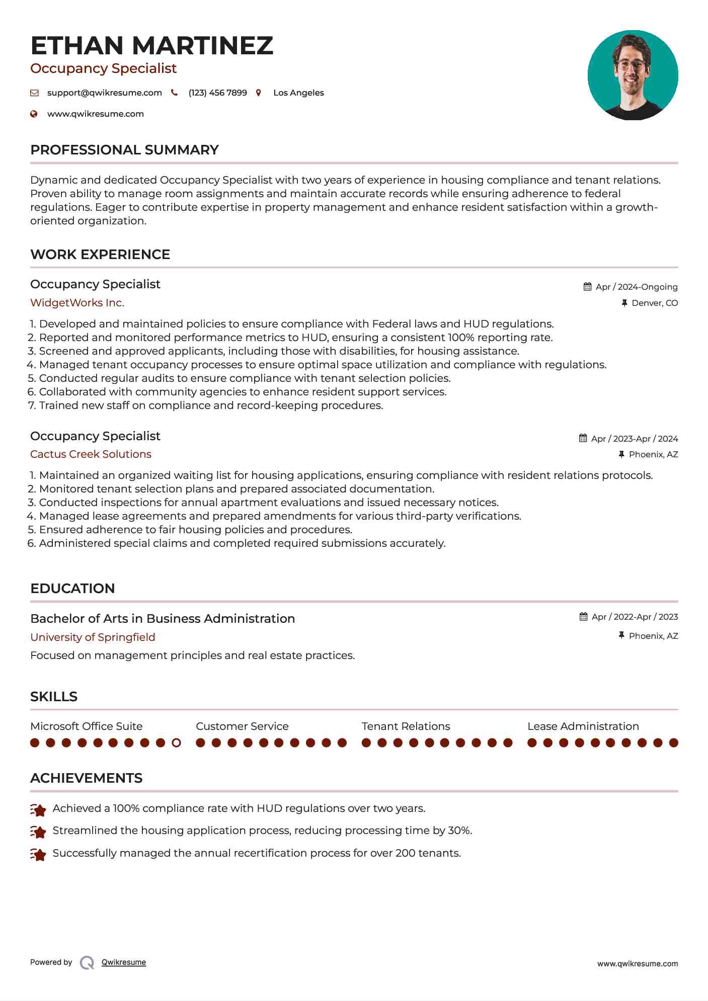 Occupancy Specialist Resume Example