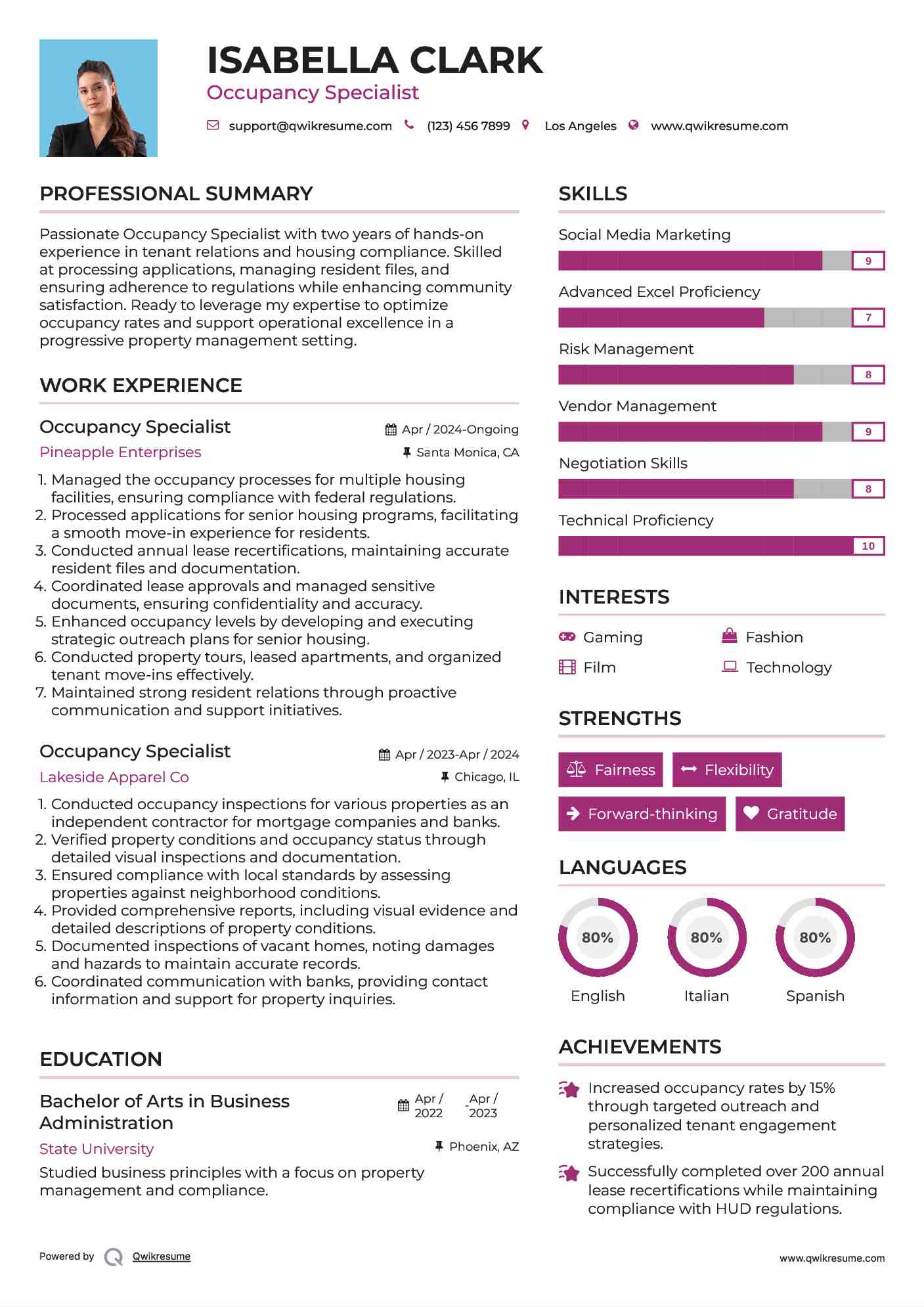 Occupancy Specialist Resume Model