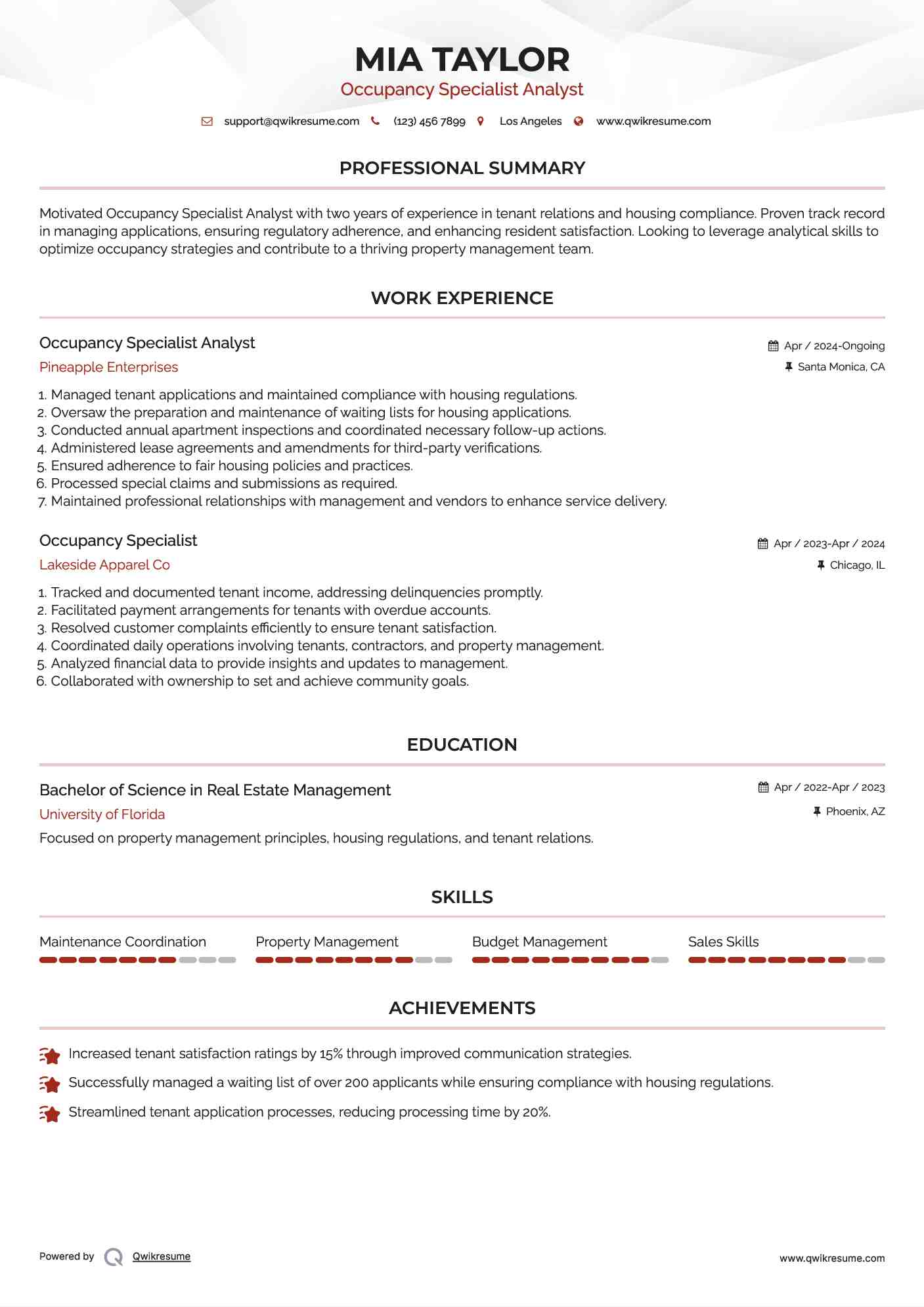 Occupancy Specialist Analyst Resume Example