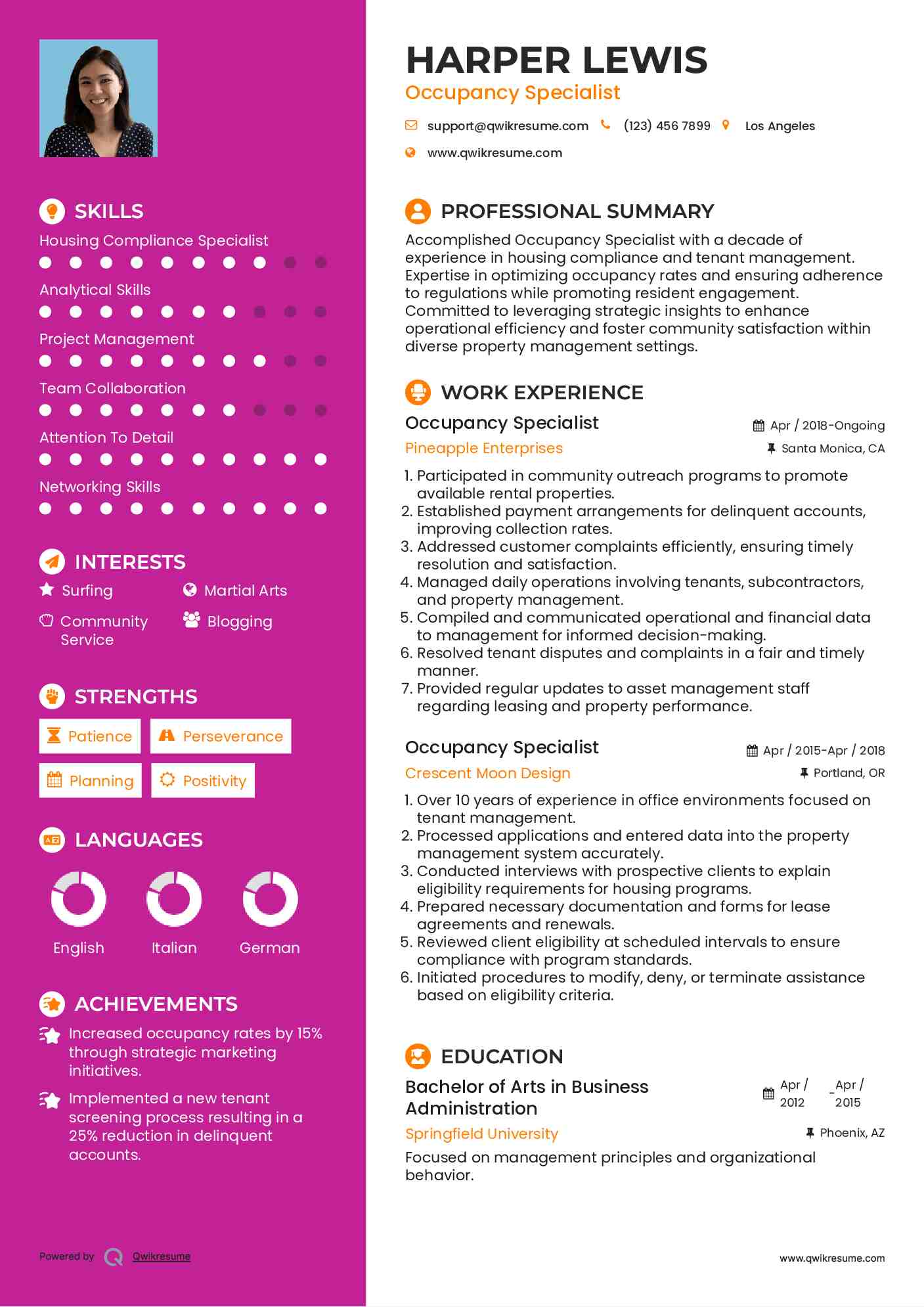 Occupancy Specialist Resume Model
