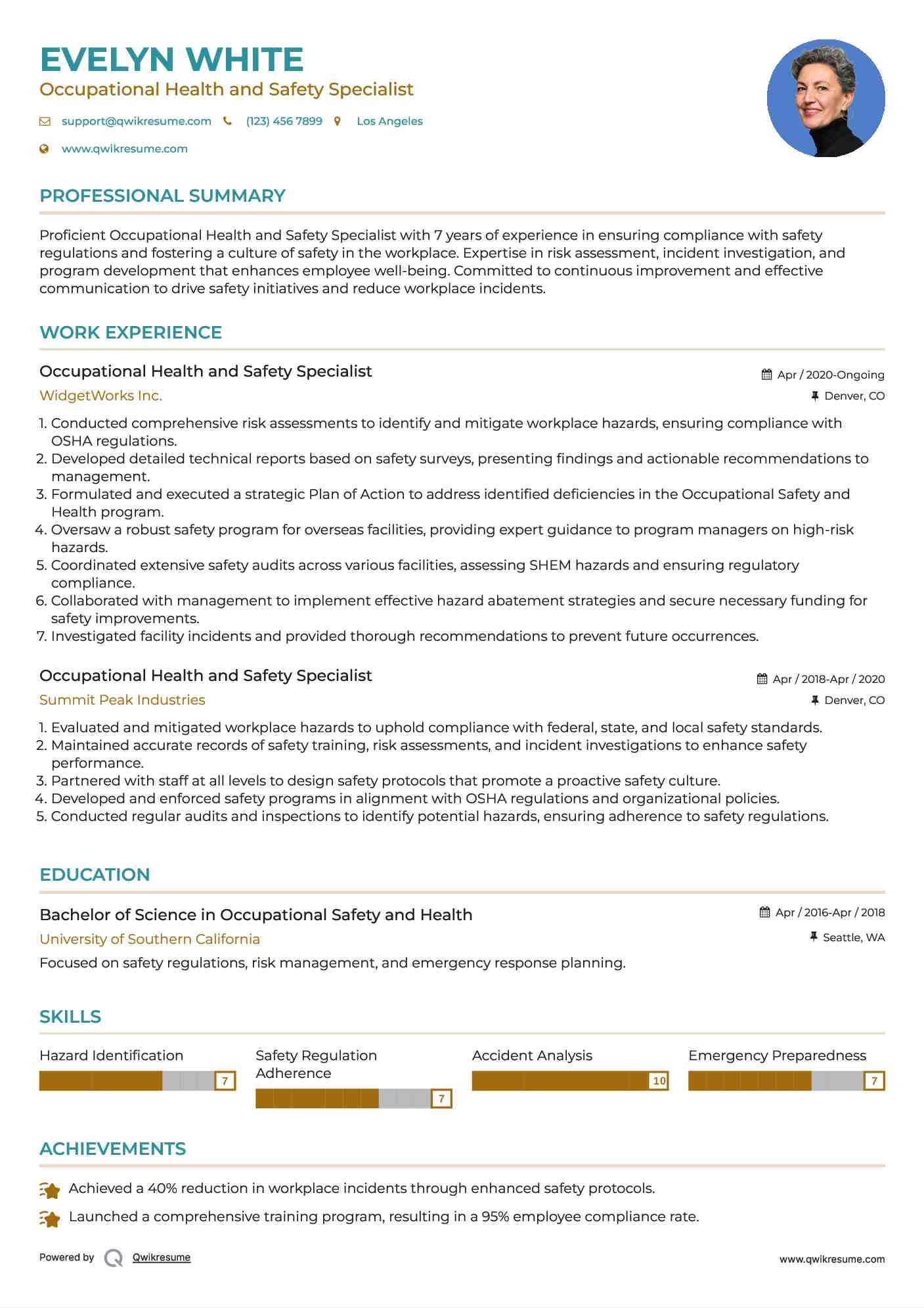 Occupational Health and Safety Specialist Resume Sample