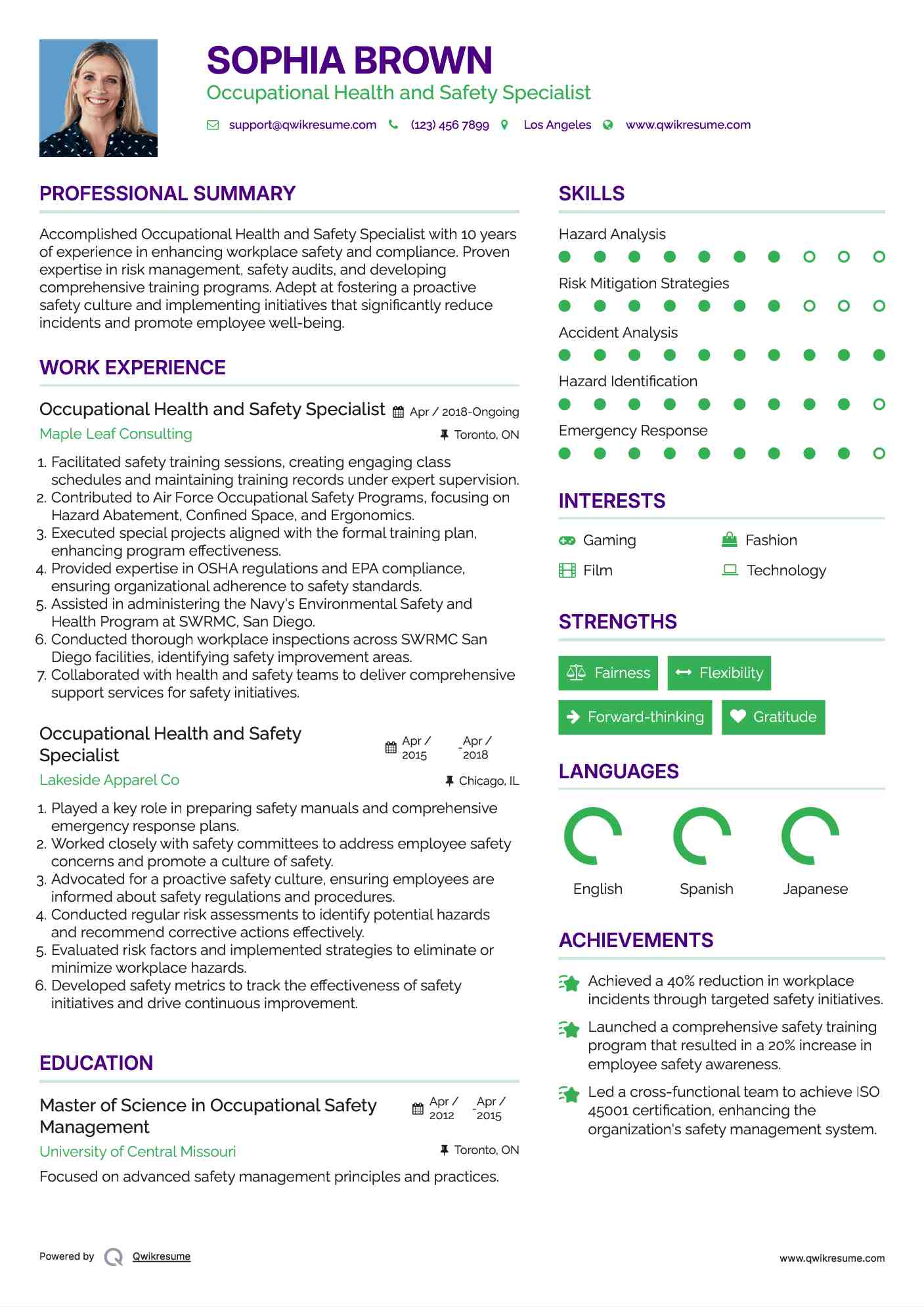 Occupational Health and Safety Specialist Resume Sample