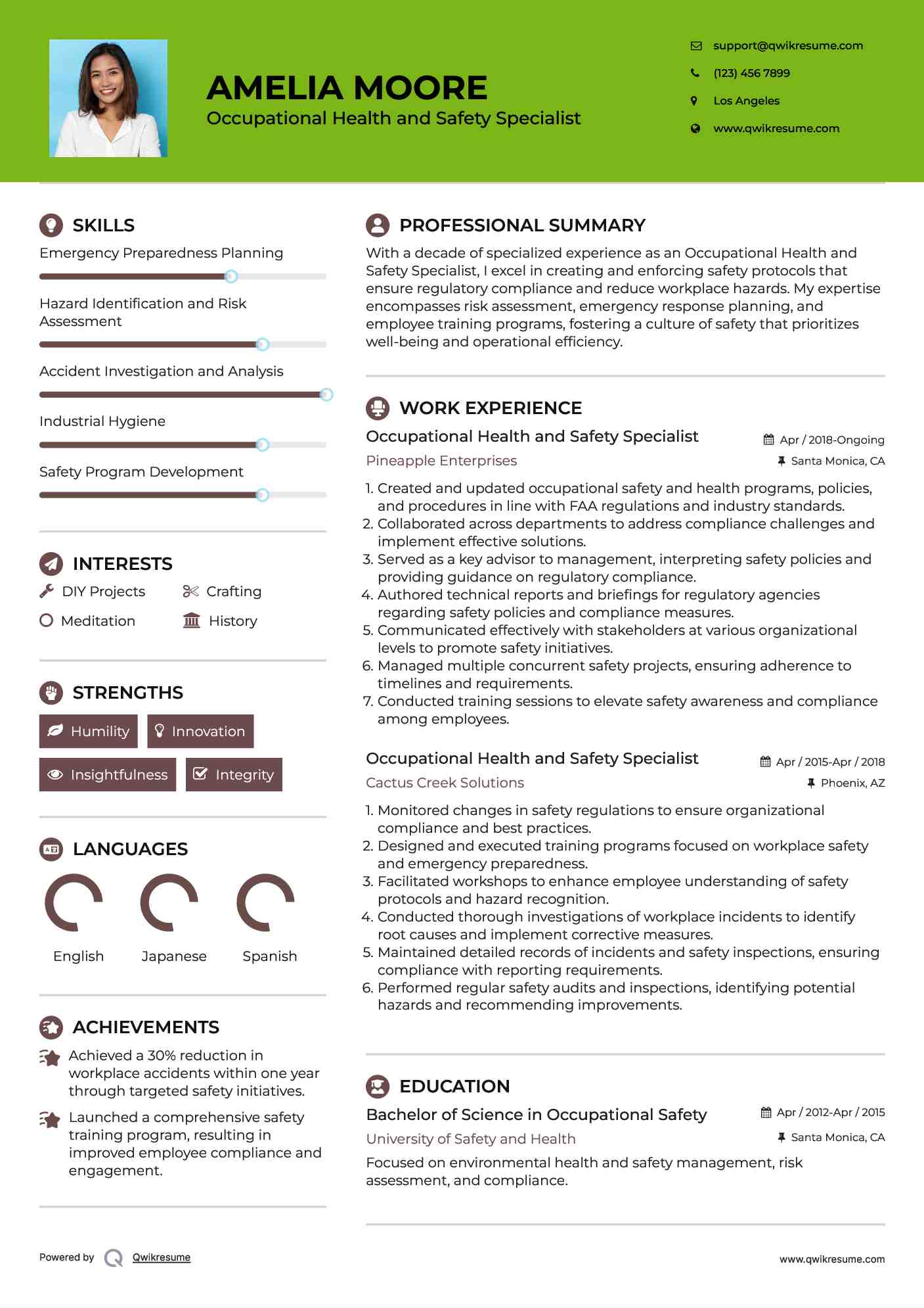 Occupational Health and Safety Specialist Resume Example