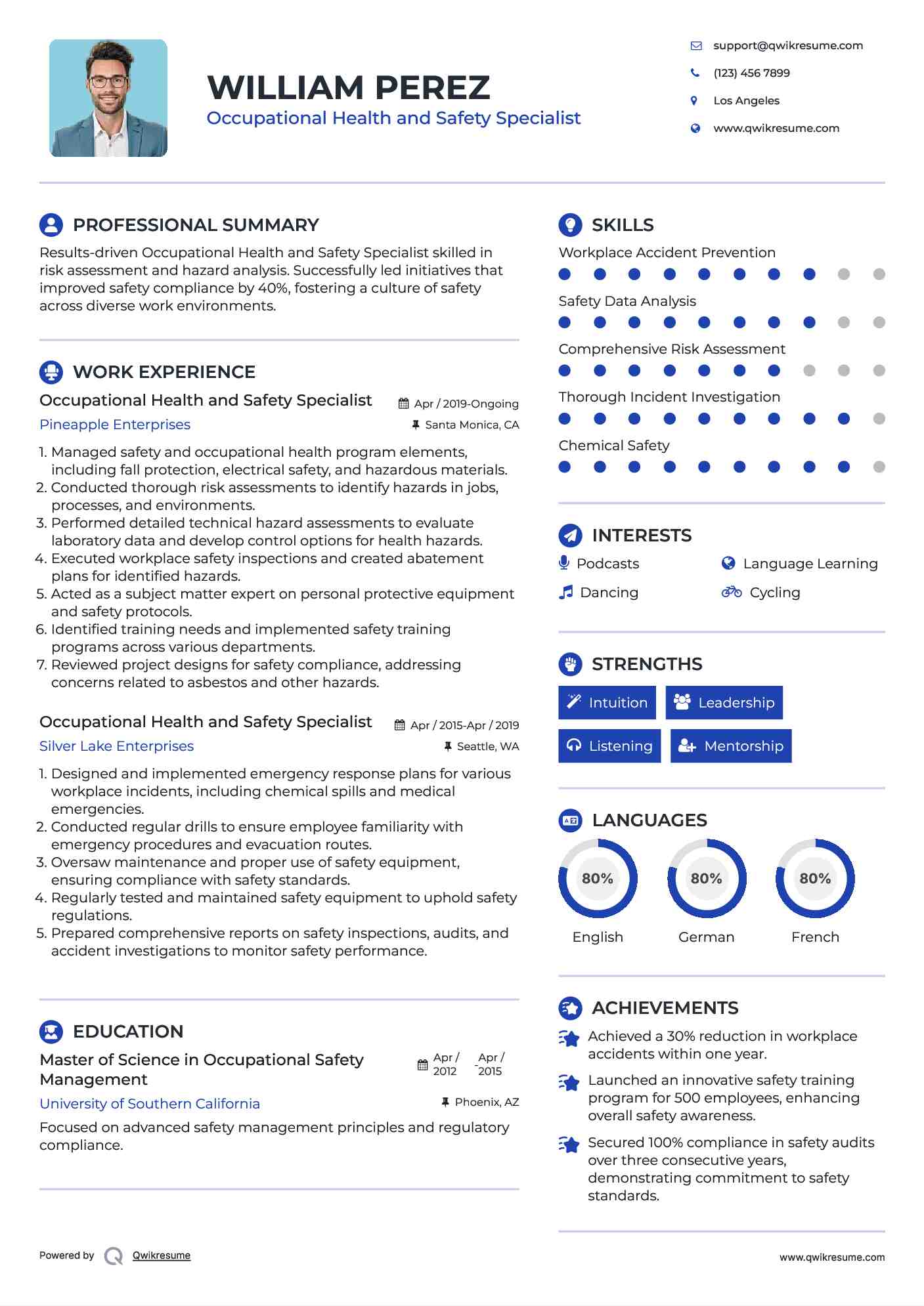 Occupational Health and Safety Specialist Resume Sample