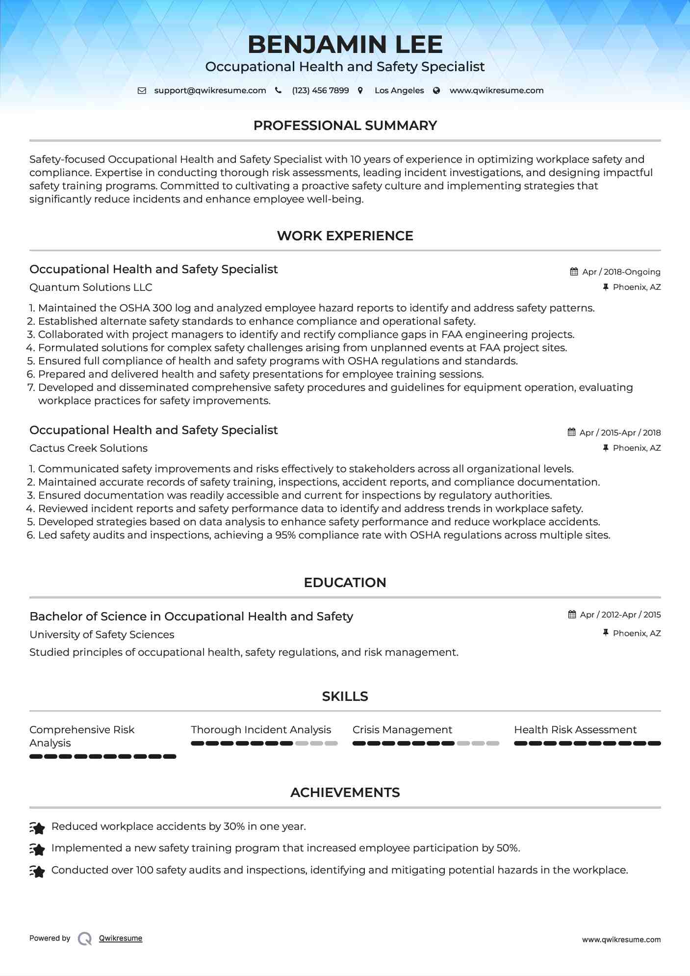 Occupational Health and Safety Specialist Resume Format