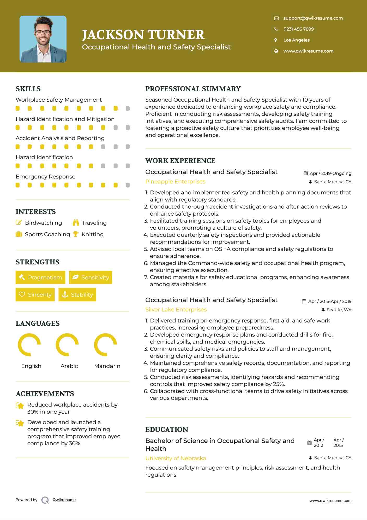 Occupational Health and Safety Specialist Resume Format