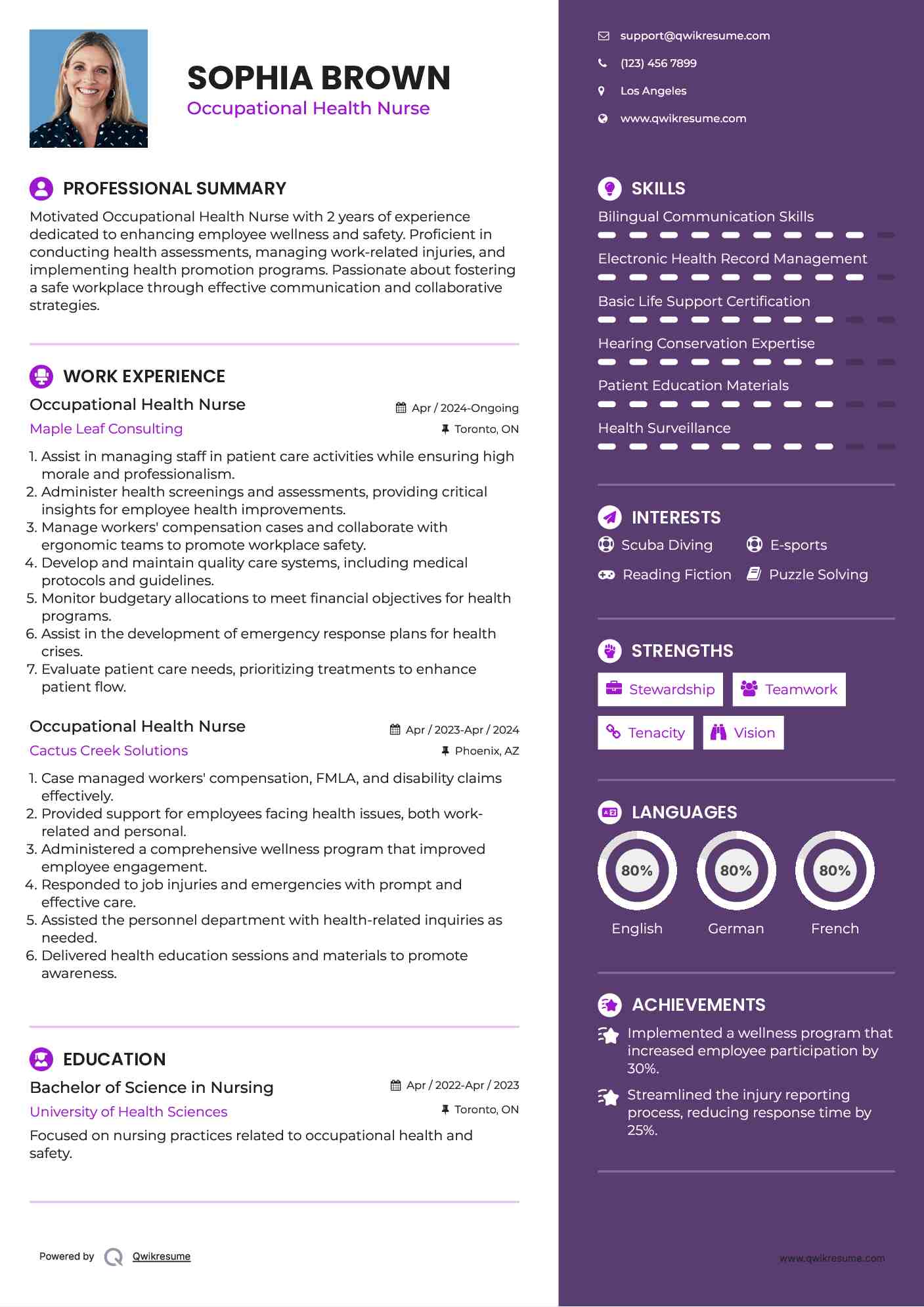 Occupational Health Nurse Resume Model