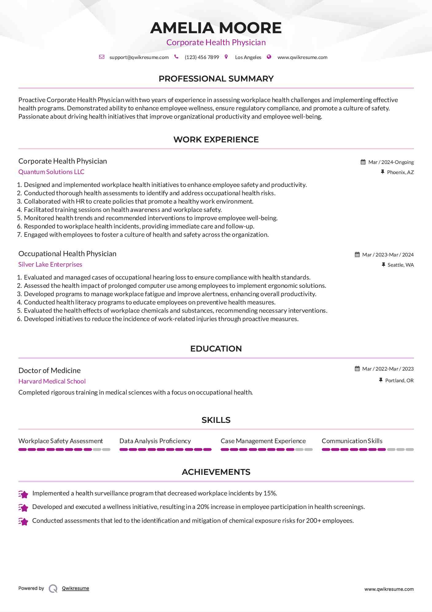 Corporate Health Physician Resume Template
