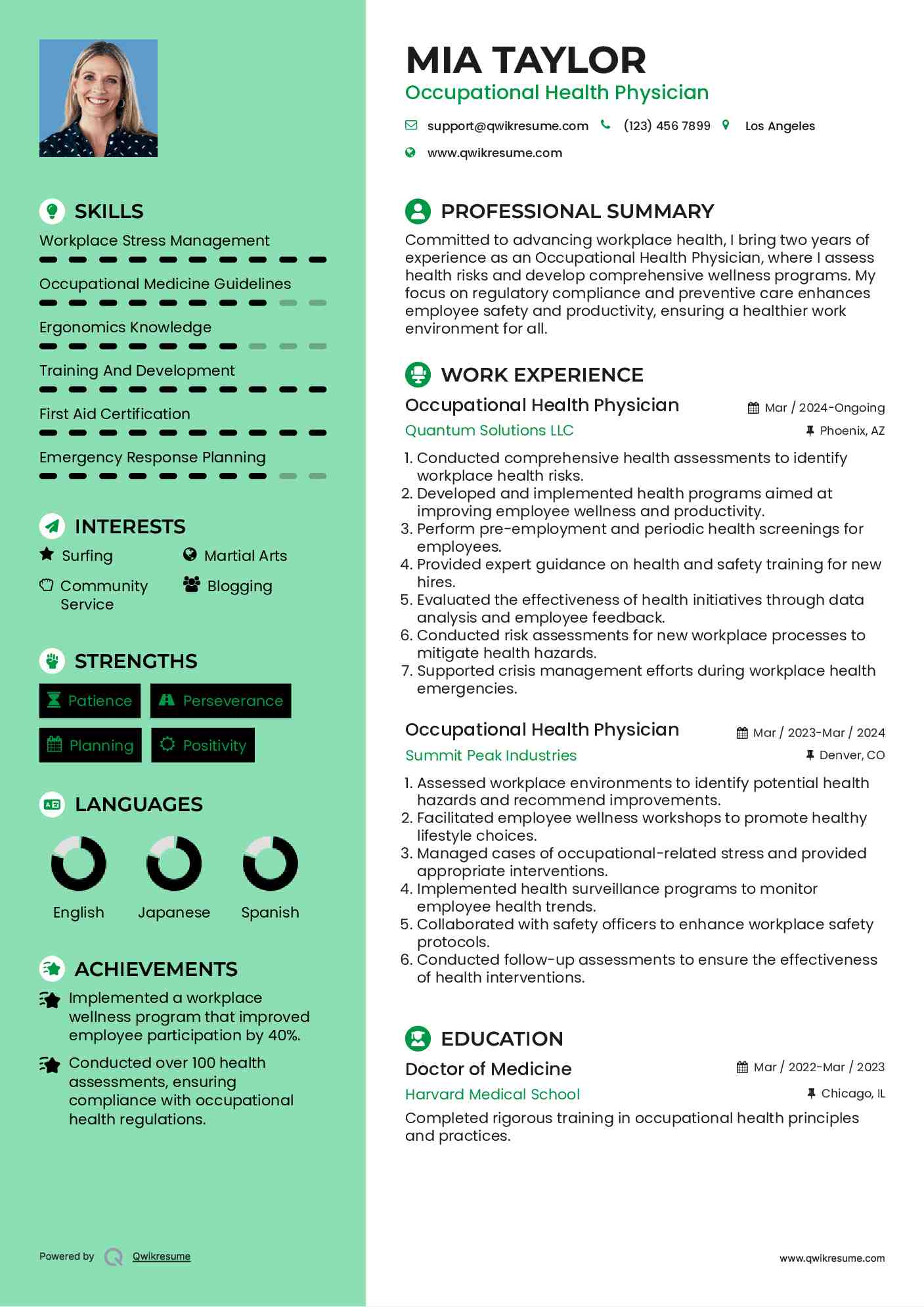 Occupational Health Physician Resume Template