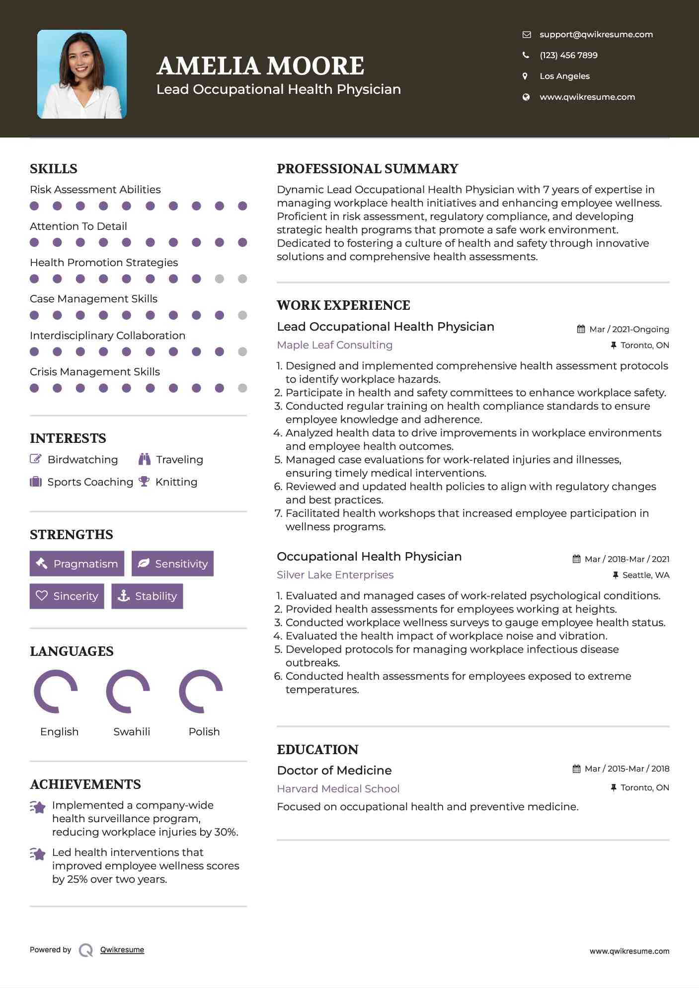 Lead Occupational Health Physician Resume Sample
