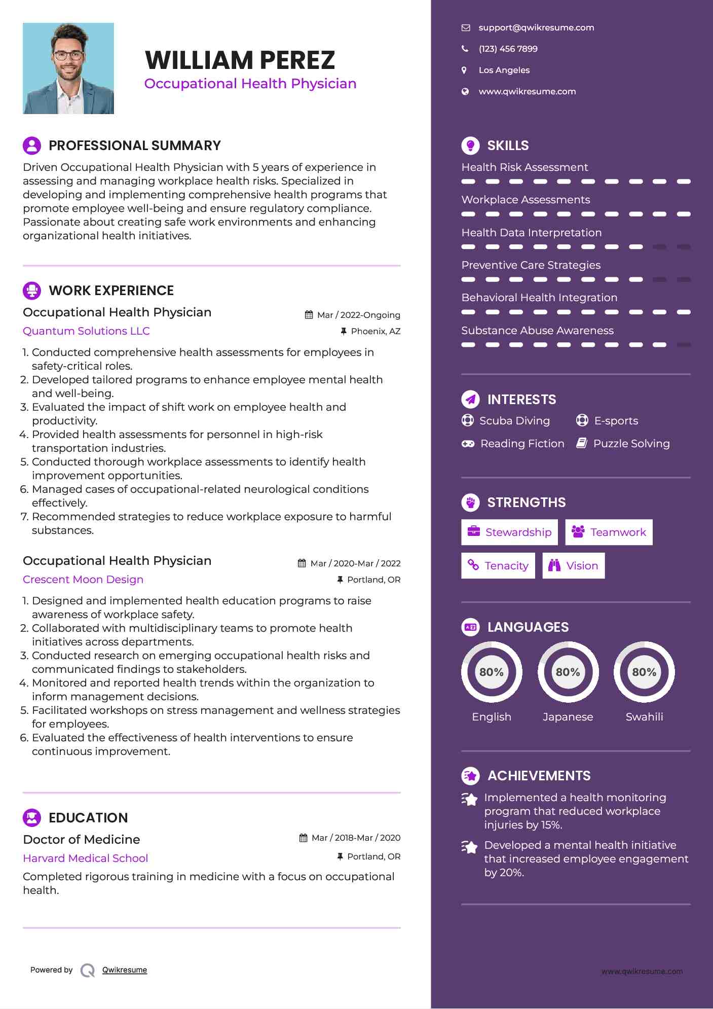 Occupational Health Physician Resume Sample