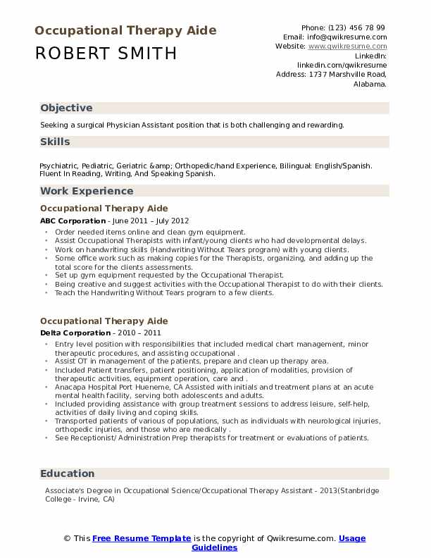 Occupational Therapy Aide Resume Samples QwikResume