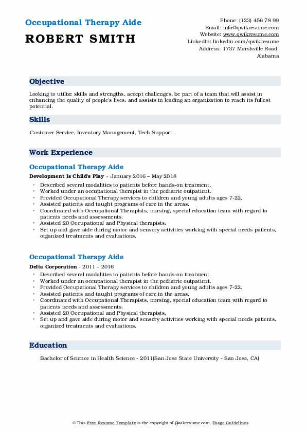 Occupational Therapy Aide Resume Samples QwikResume