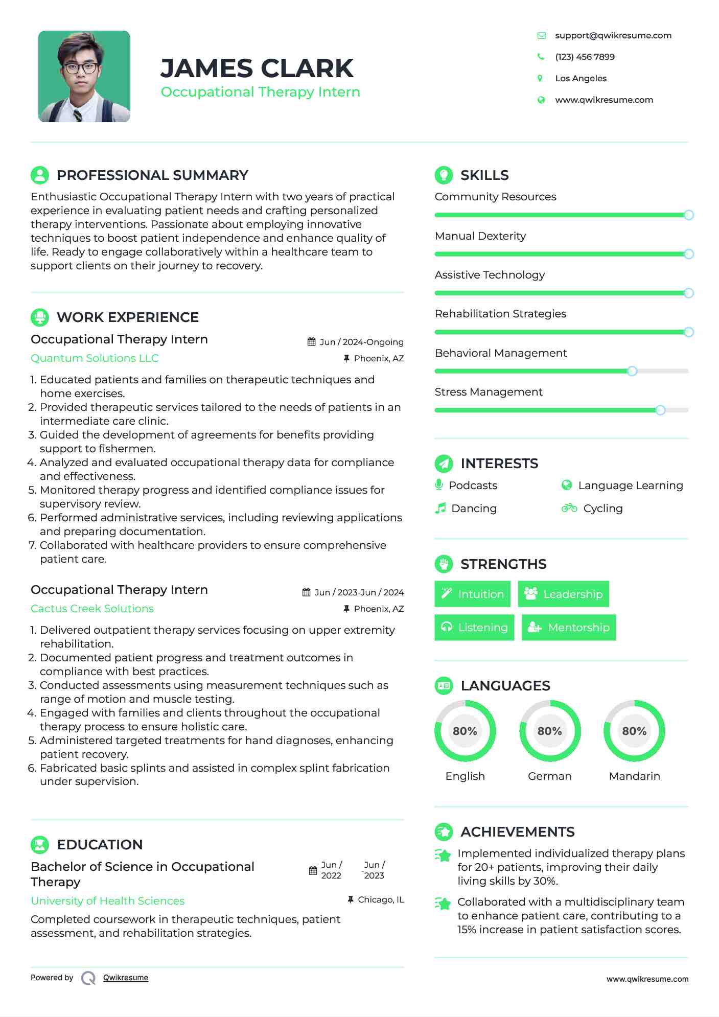 Occupational Therapy Intern Resume Sample