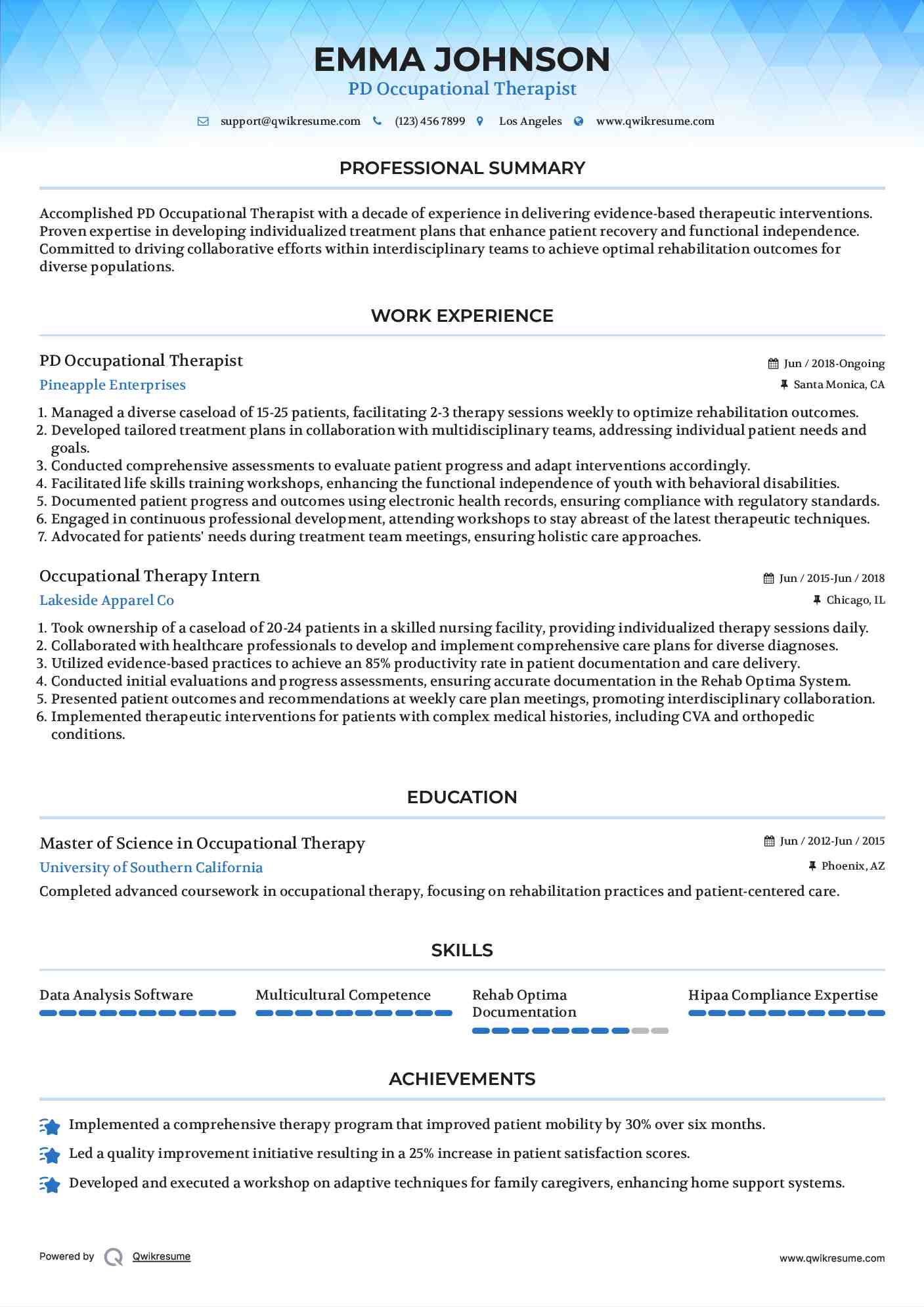PD Occupational Therapist Resume Example