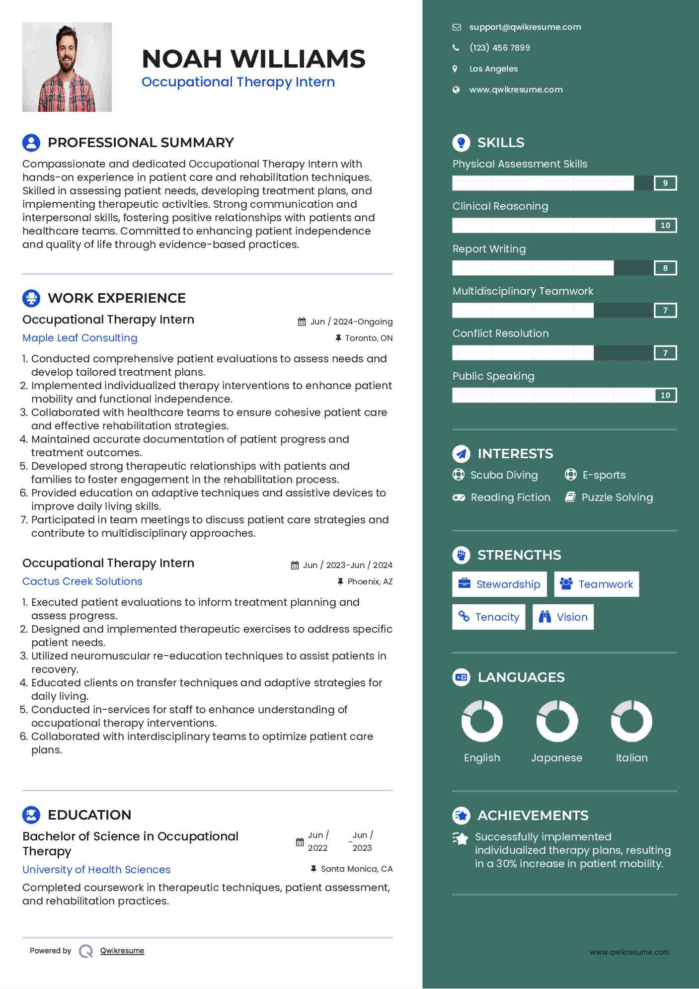 Occupational Therapy Intern Resume Model