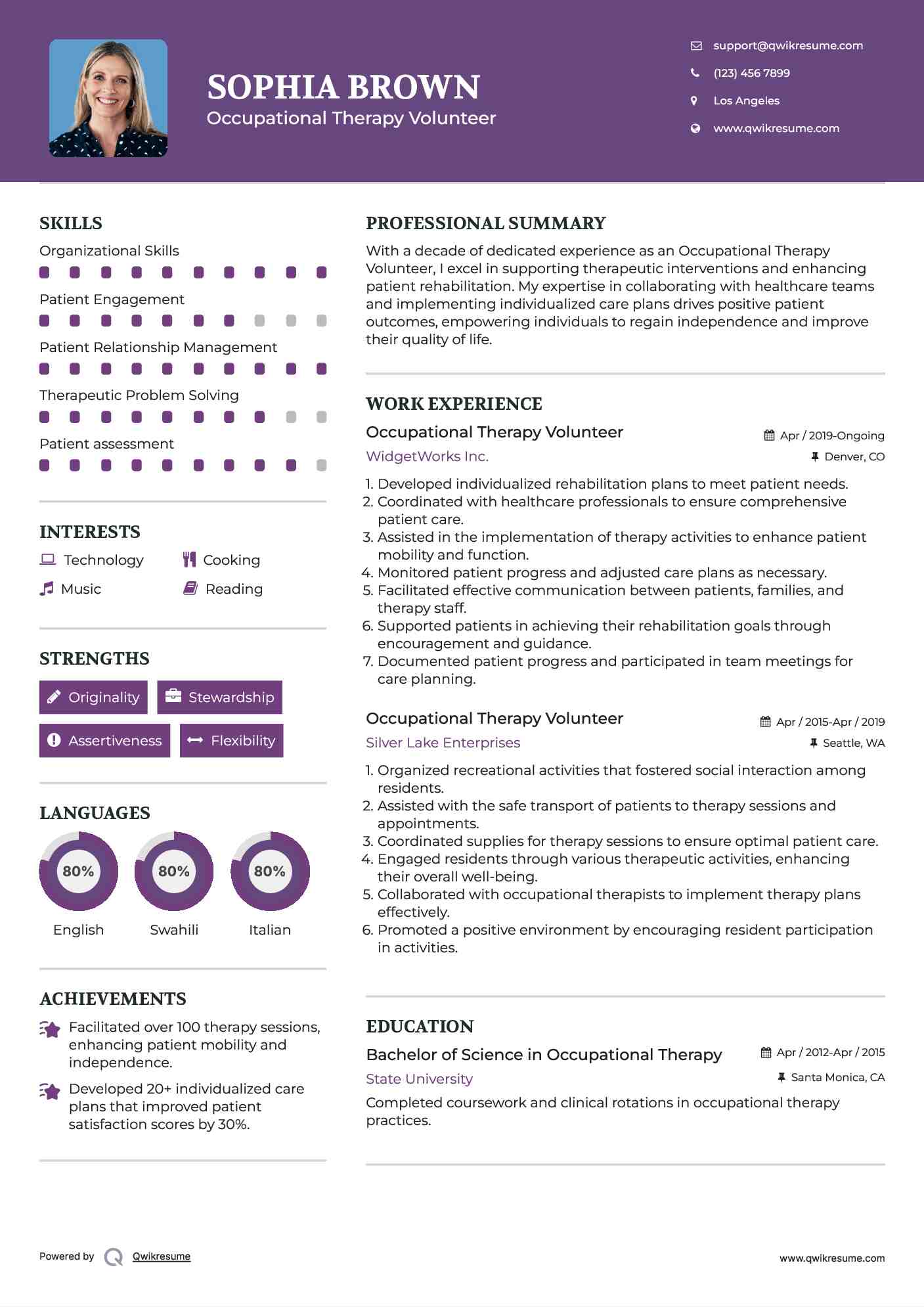 Occupational Therapy Volunteer Resume Sample