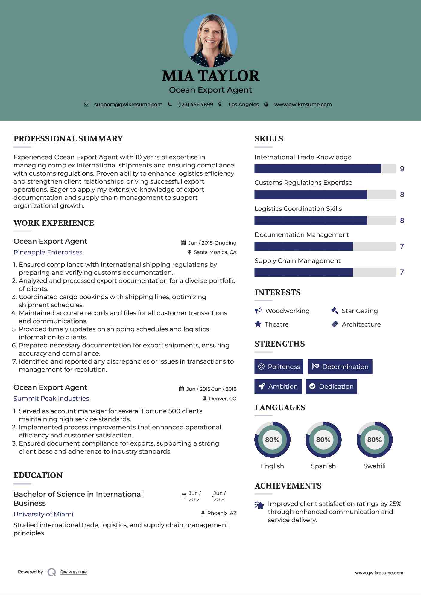 Ocean Export Agent Resume Format