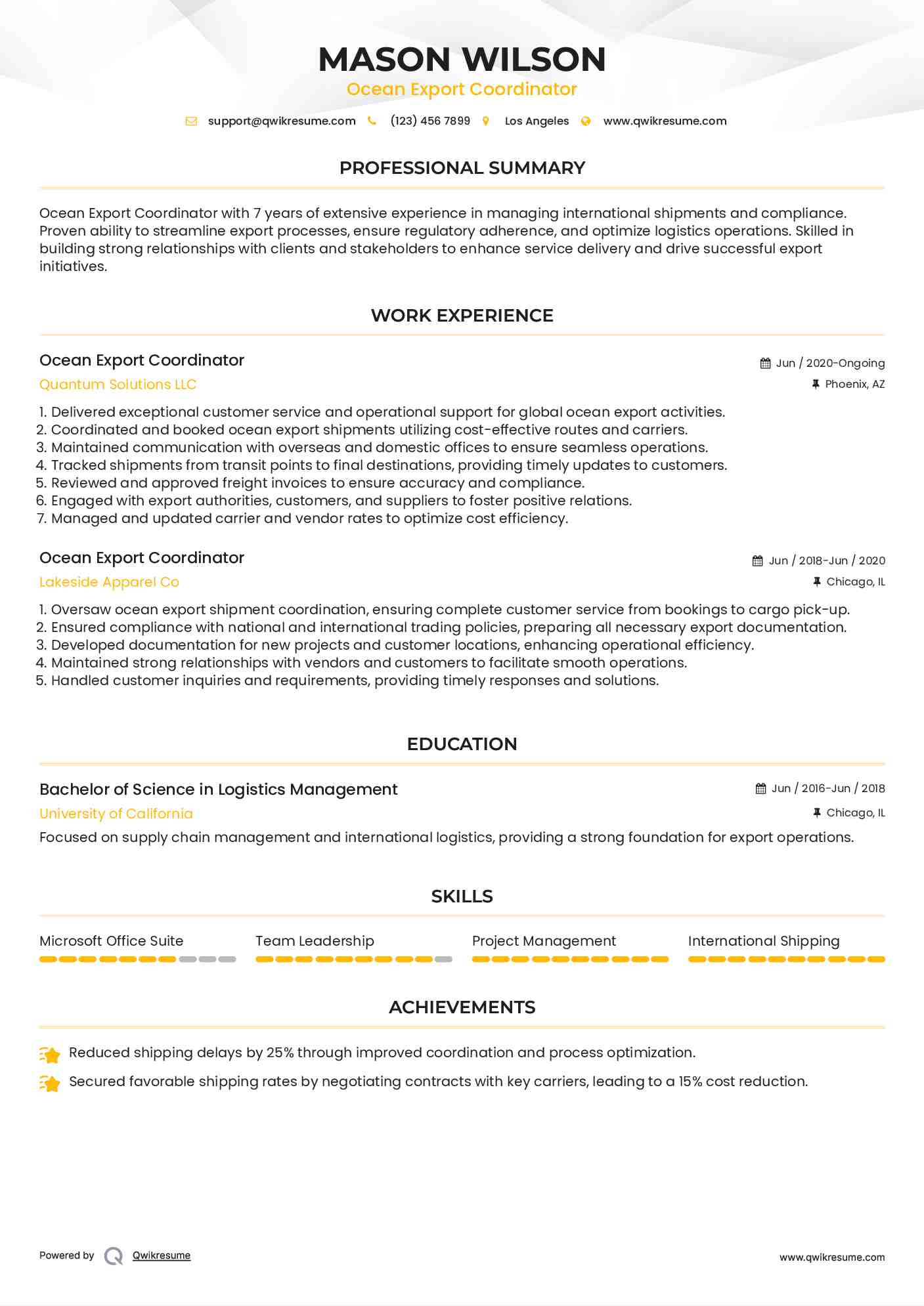 Ocean Export Coordinator Resume Format