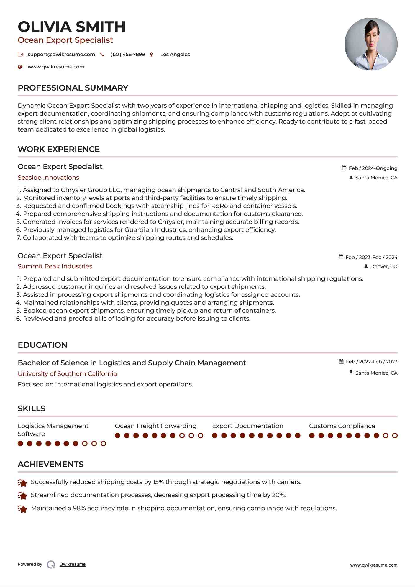 Ocean Export Specialist Resume Model
