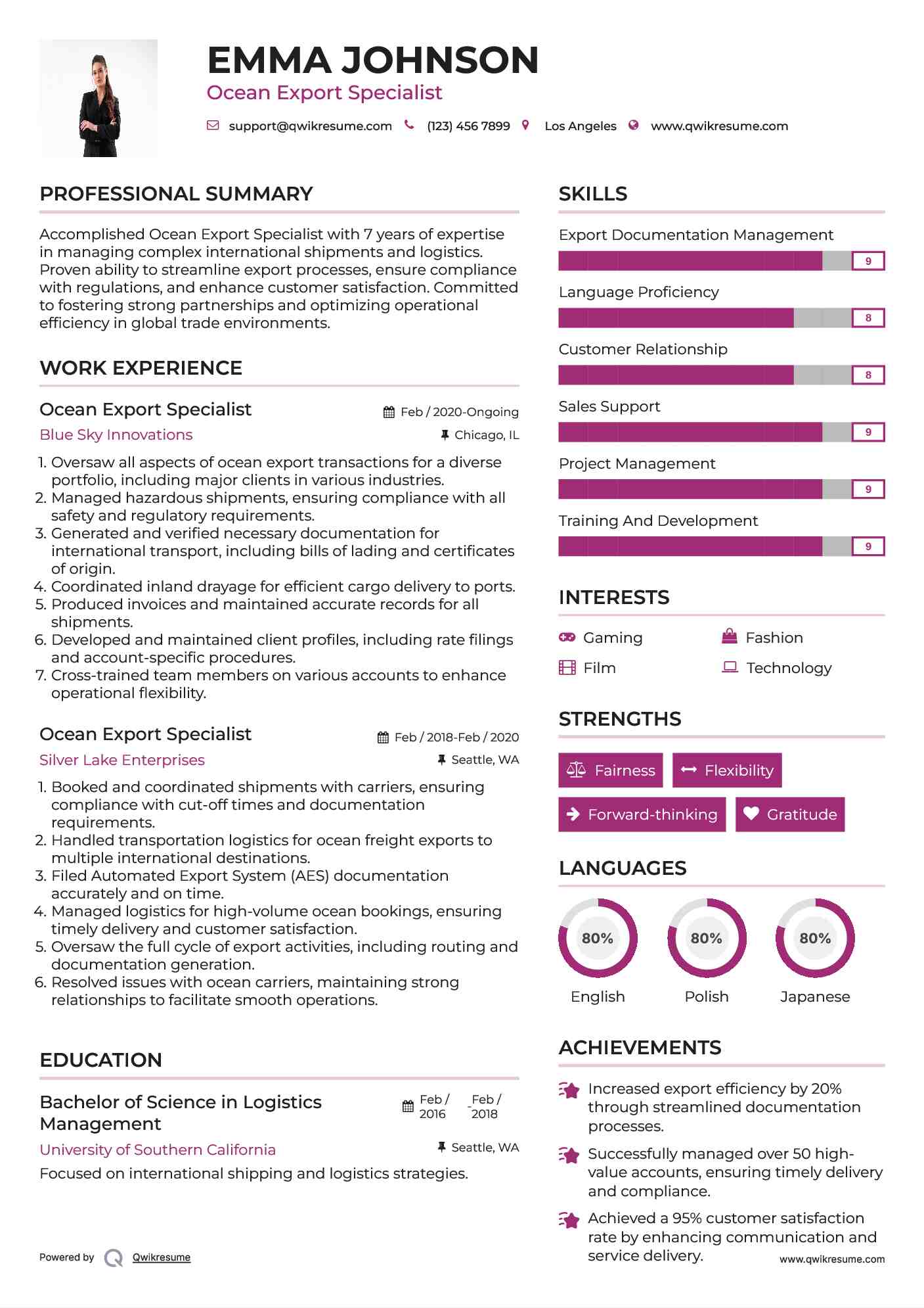 Ocean Export Specialist Resume Sample