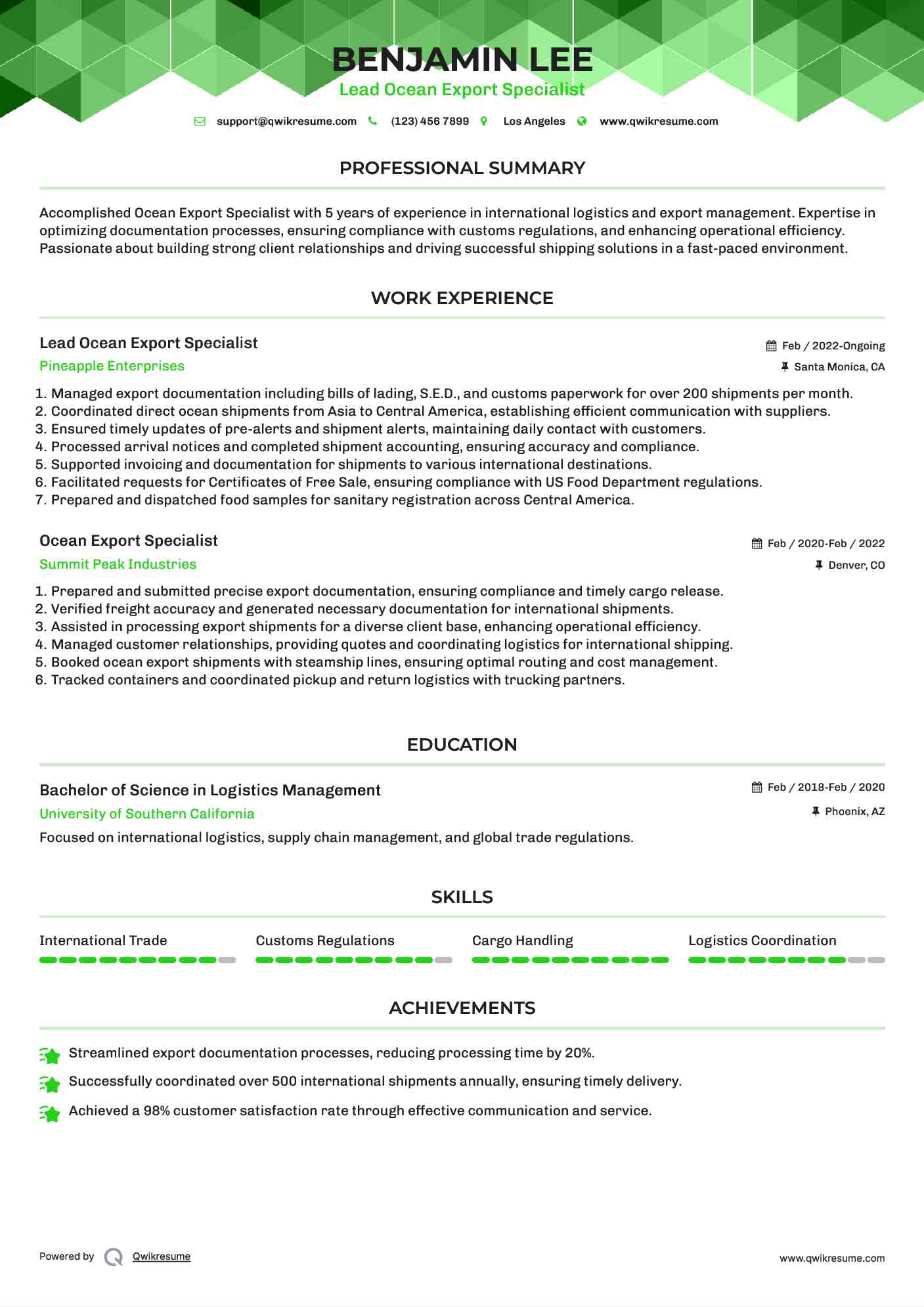 Lead Ocean Export Specialist Resume Template