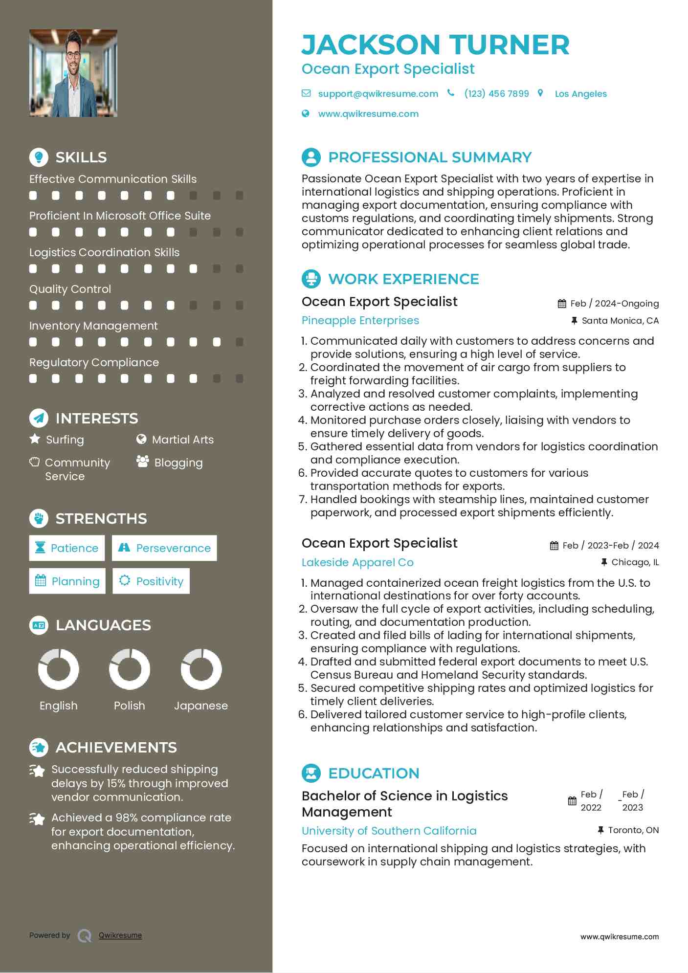Ocean Export Specialist Resume Template