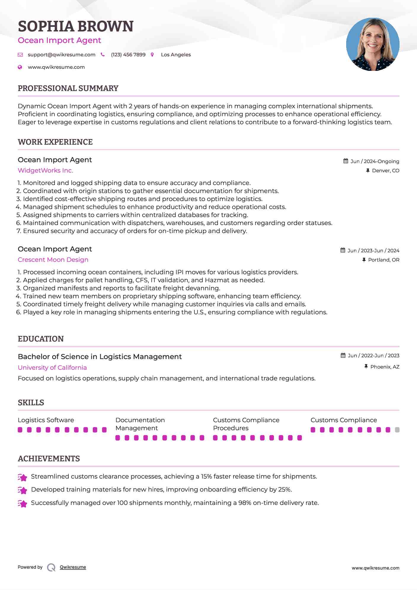 Ocean Import Agent Resume Template