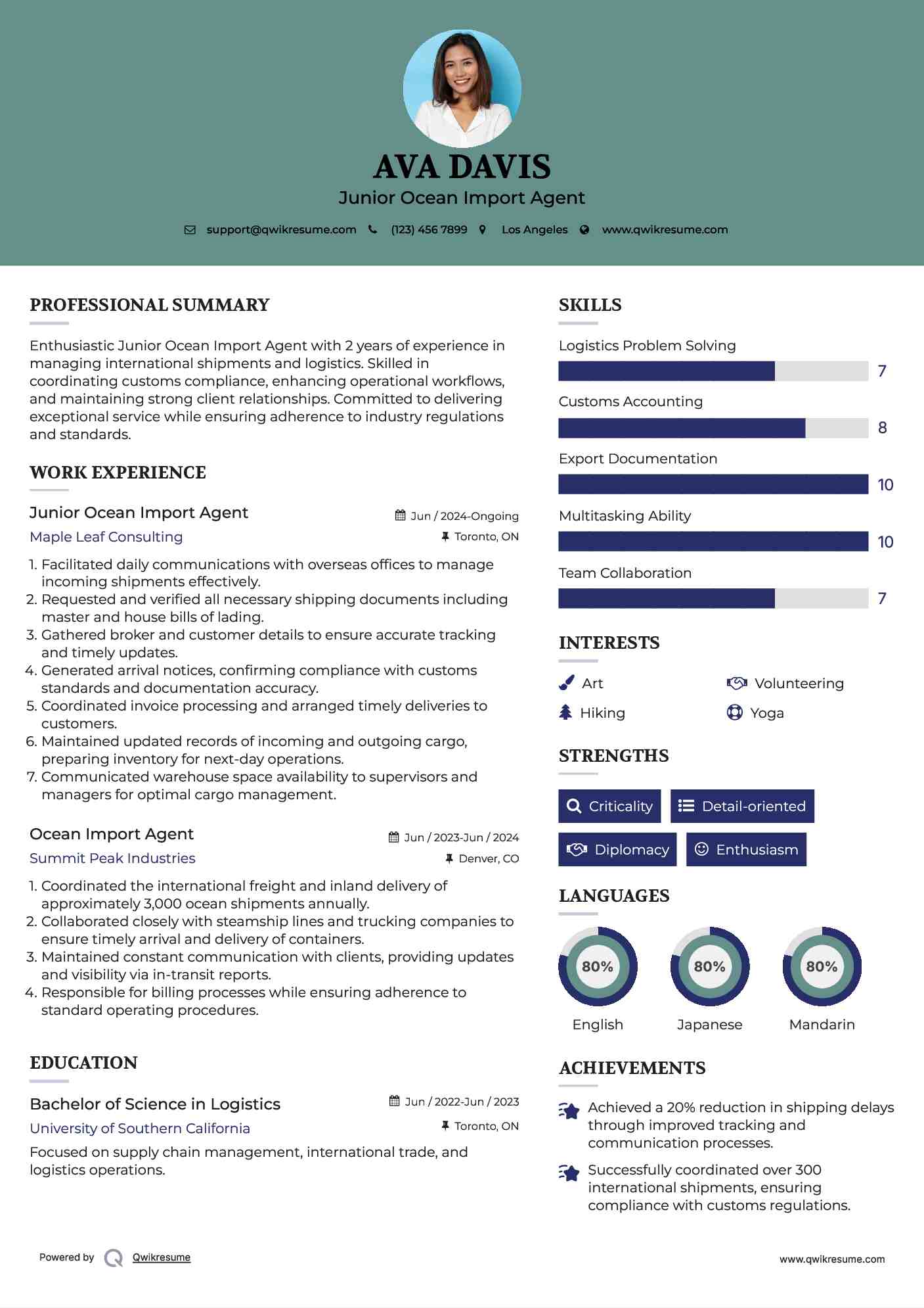 Junior Ocean Import Agent Resume Format