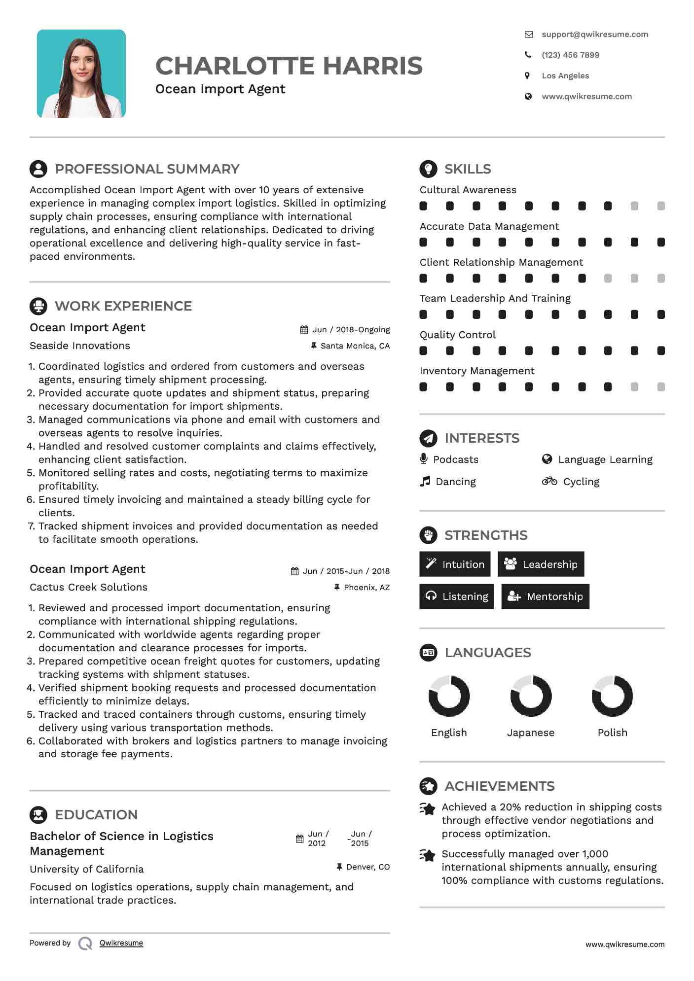 Ocean Import Agent Resume Format
