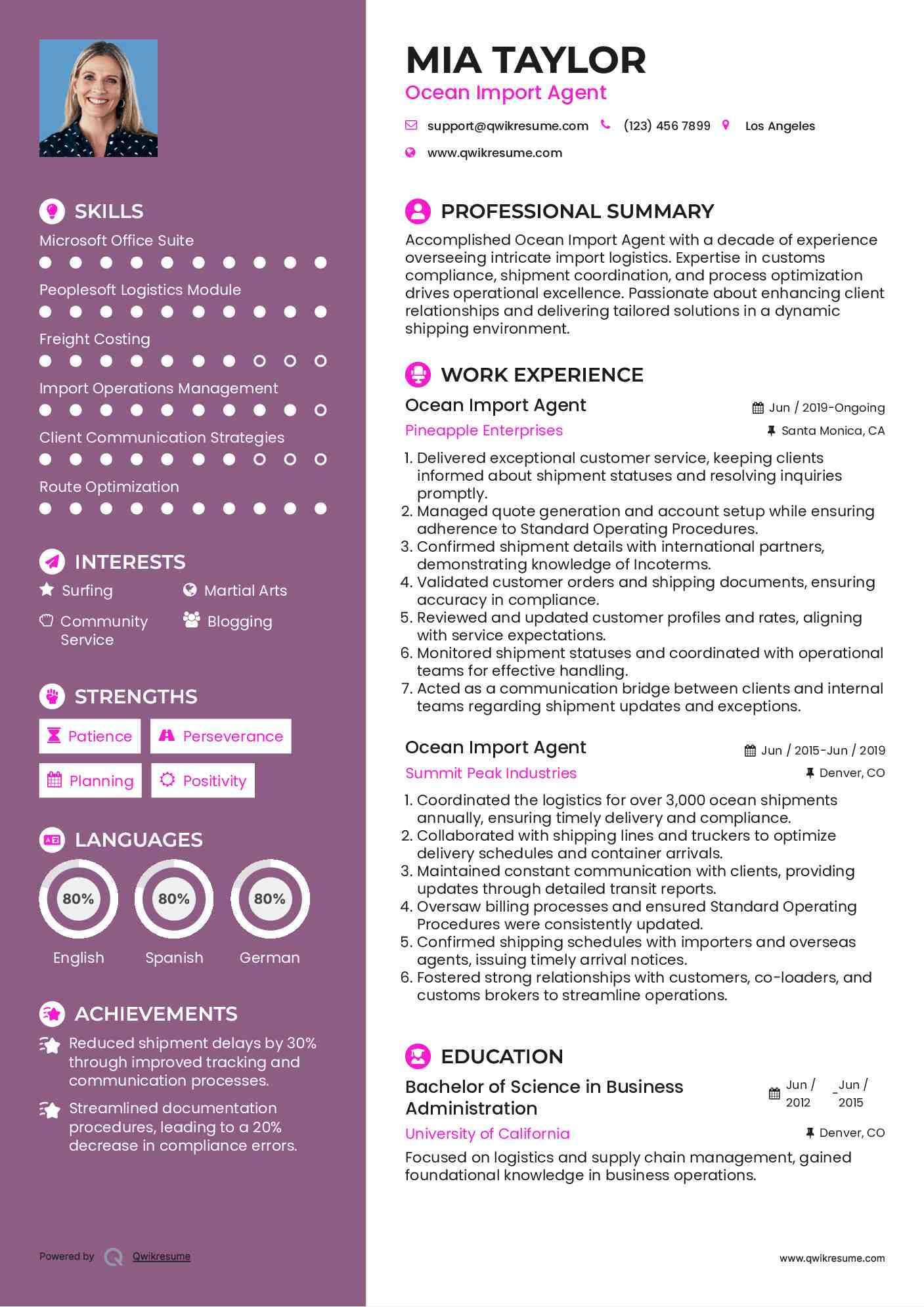 Ocean Import Agent Resume Format