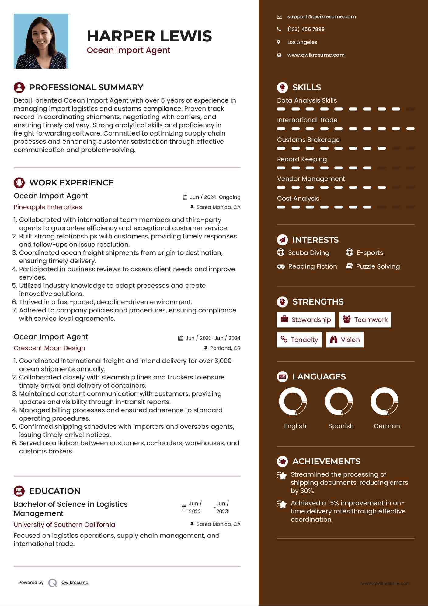 Ocean Import Agent Resume Model