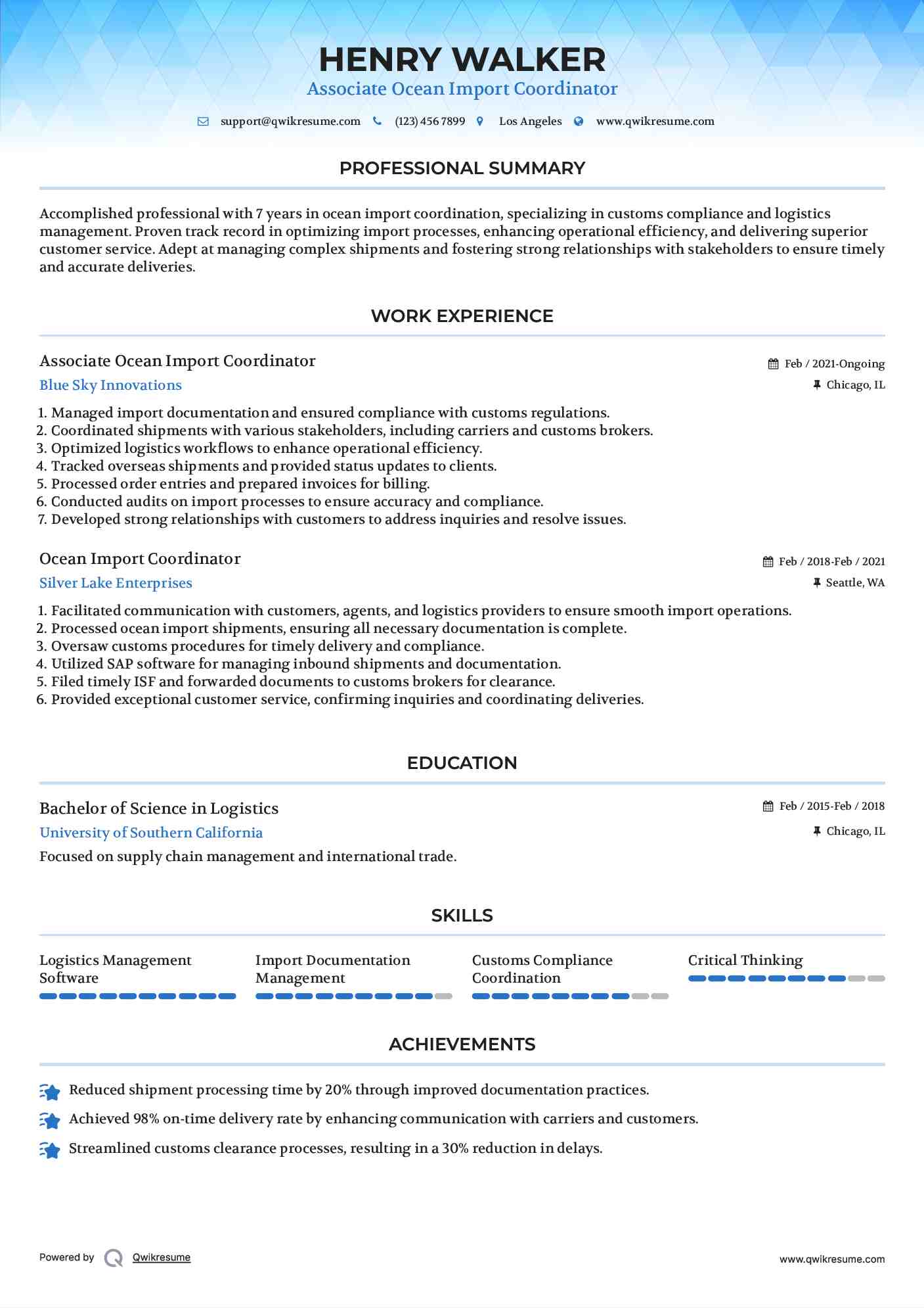 Associate Ocean Import Coordinator Resume Example